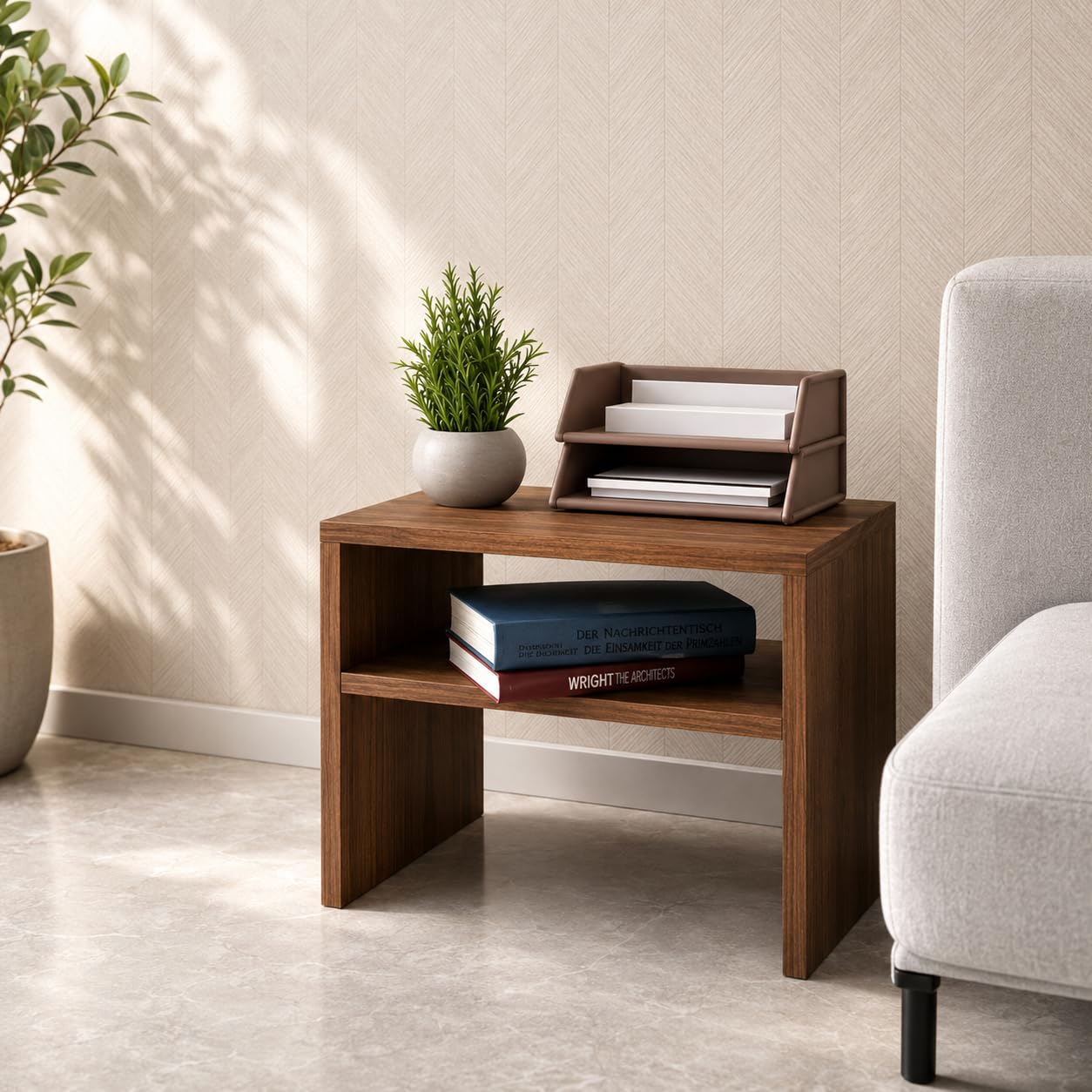 ECOLINE End Table – Side Table Wooden for Bedroom and Living Room, Compact Nightstand with Shelf Storage, Small Bedside Table for Home, Modern Finish - Walnut Brown