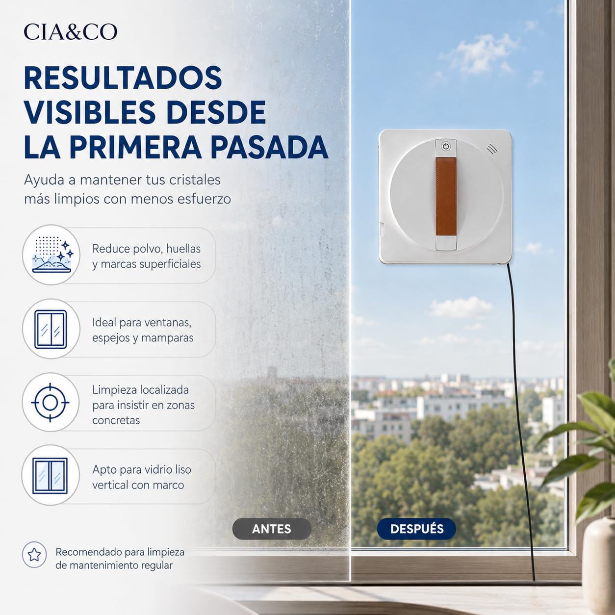 Cia&Co Robot Limpiacristales Automático con App y Mando, Doble Pulverización, 2500 Pa, 3 Modos Z/N, UPS de Respaldo 30 Min y Cuerda de Seguridad para Ventanas y Espejos