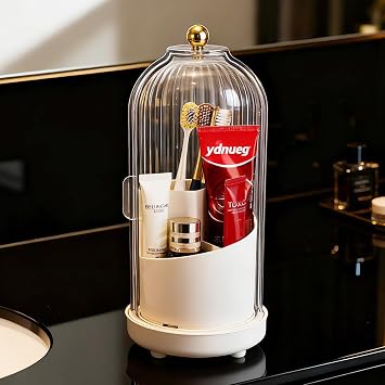 3-Slot Rotating Toothbrush Holders with Lid, Enclosed Toothbrush Holders for Bathrooms, Countertop Plastic Toothpaste Holder with Cover, Makeup Brush Holder for Vanity, Utensil StorageWhite