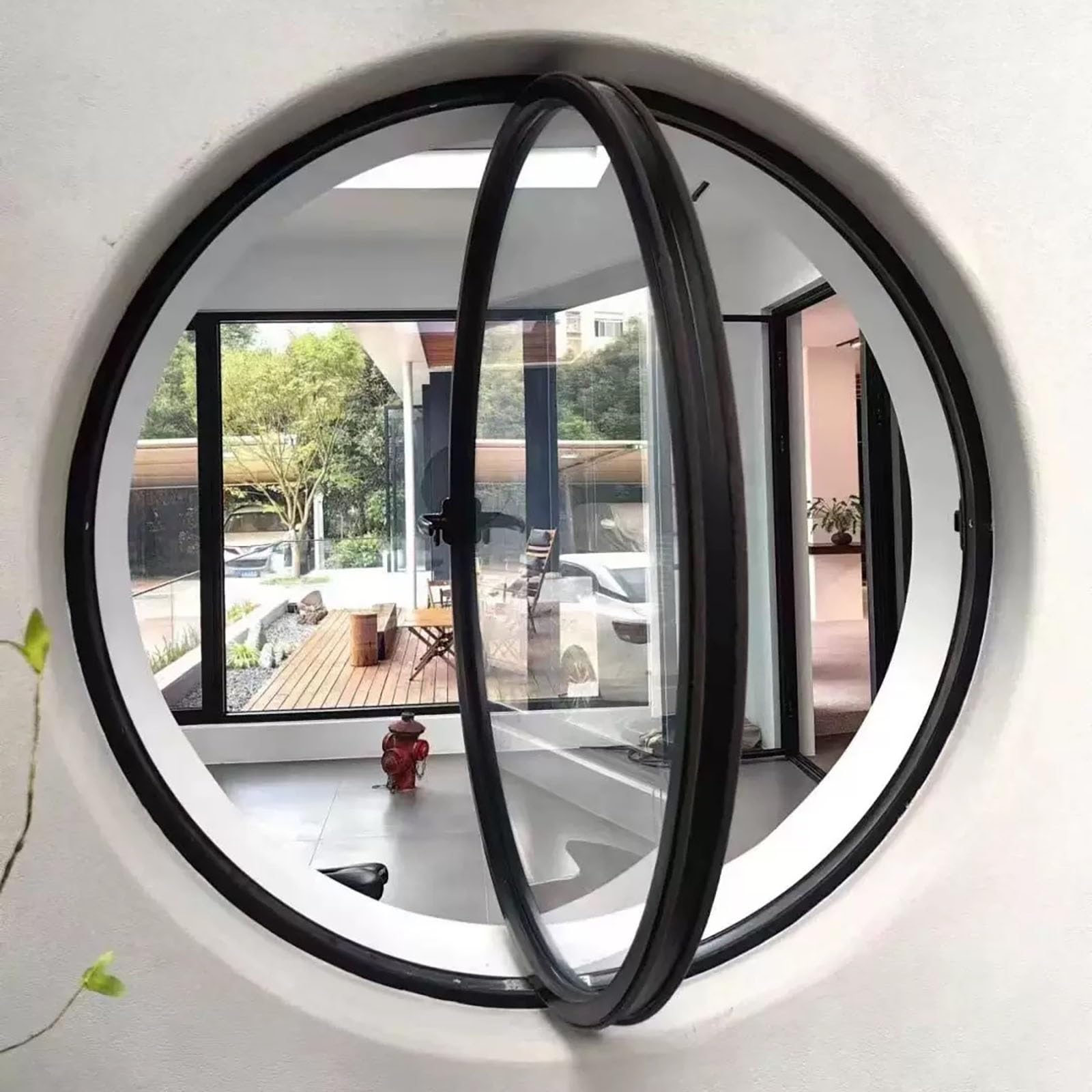Fenêtre ronde avec cadre en aluminium et verre trempé, fenêtre à battant pivotante à 360° pour salle de bain, chambre, salon, Fenêtre de ventilation intérieure de remplacement avec poignée(Black+Trans