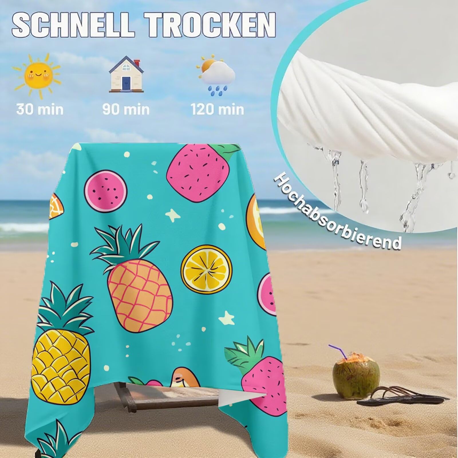 Toallas de Playa Microfibra Piña Toalla Playa Grande 100x180 cm Mujer Hombre Secado Rápido Absorbente Toallas Gimnasio Suave Sin Arena Ligera Toalla Microfibra para Playas Piscina Viajes Camping Q-549