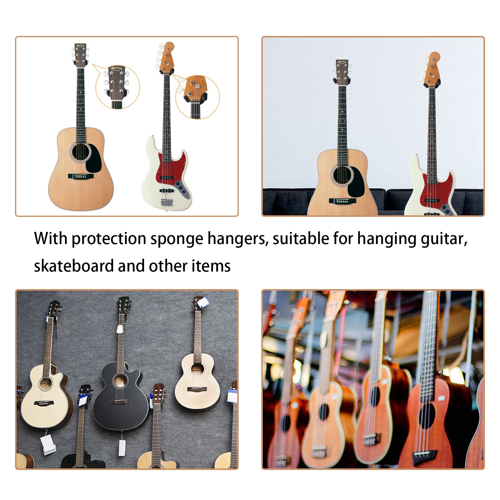 Ganci Da Muro Per Chitarra - 2 Pezzi Neri Con Protezione Antiscivolo | Supporto Per Chitarra, Ukulele, Basso - Foto 6