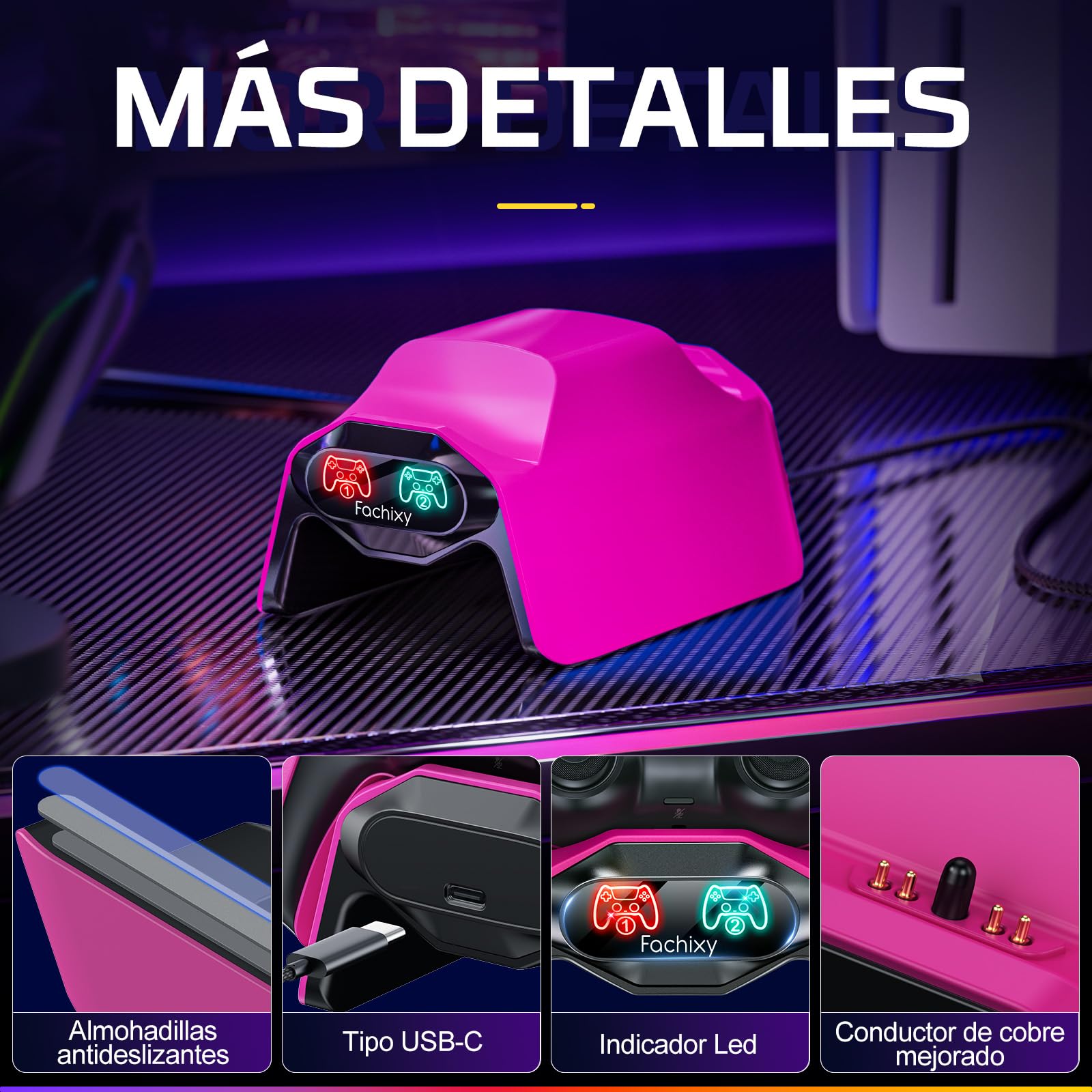 Fachixy Cargador de Controlador para PS5, Base de Carga rápida de 2 Horas para PS5 DualSense, estación de Carga con enchufes y Cables Individuales, con indicador LED