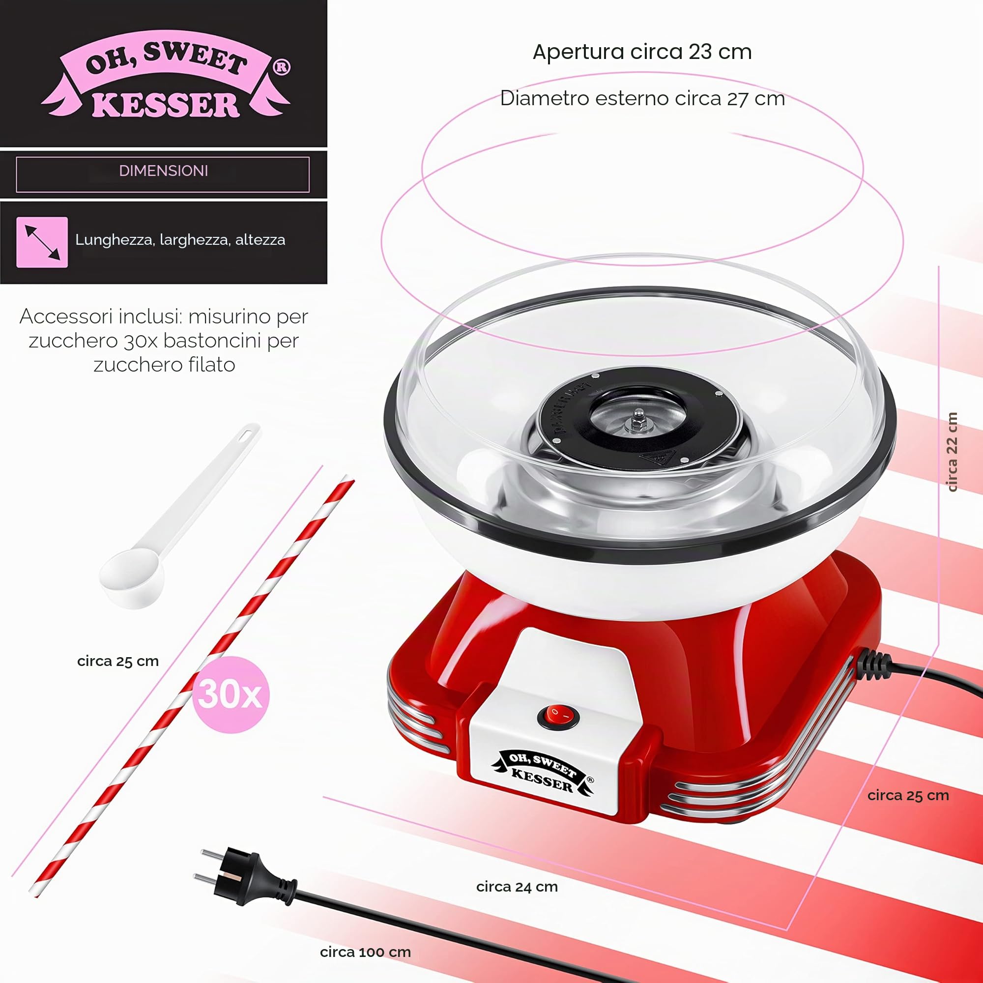 KESSER® Set di macchine per zucchero filato per la tua casa, con 30 bastoncini di zucchero filato e cucchiai dosatori – Macchina retrò Cotton Candy – Macchina per zucchero filato con accessori