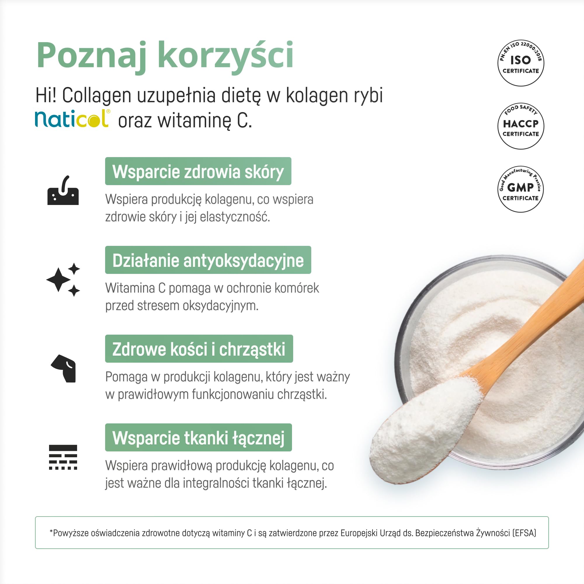 Kolagen morski hydrolizowany w proszku z witaminą C – Naticol 5000 mg, peptydy 2000 Dalton – Typ I i III – Czysty, bez smaku – Hi Collagen (30 porcji, 1 miesiąc)