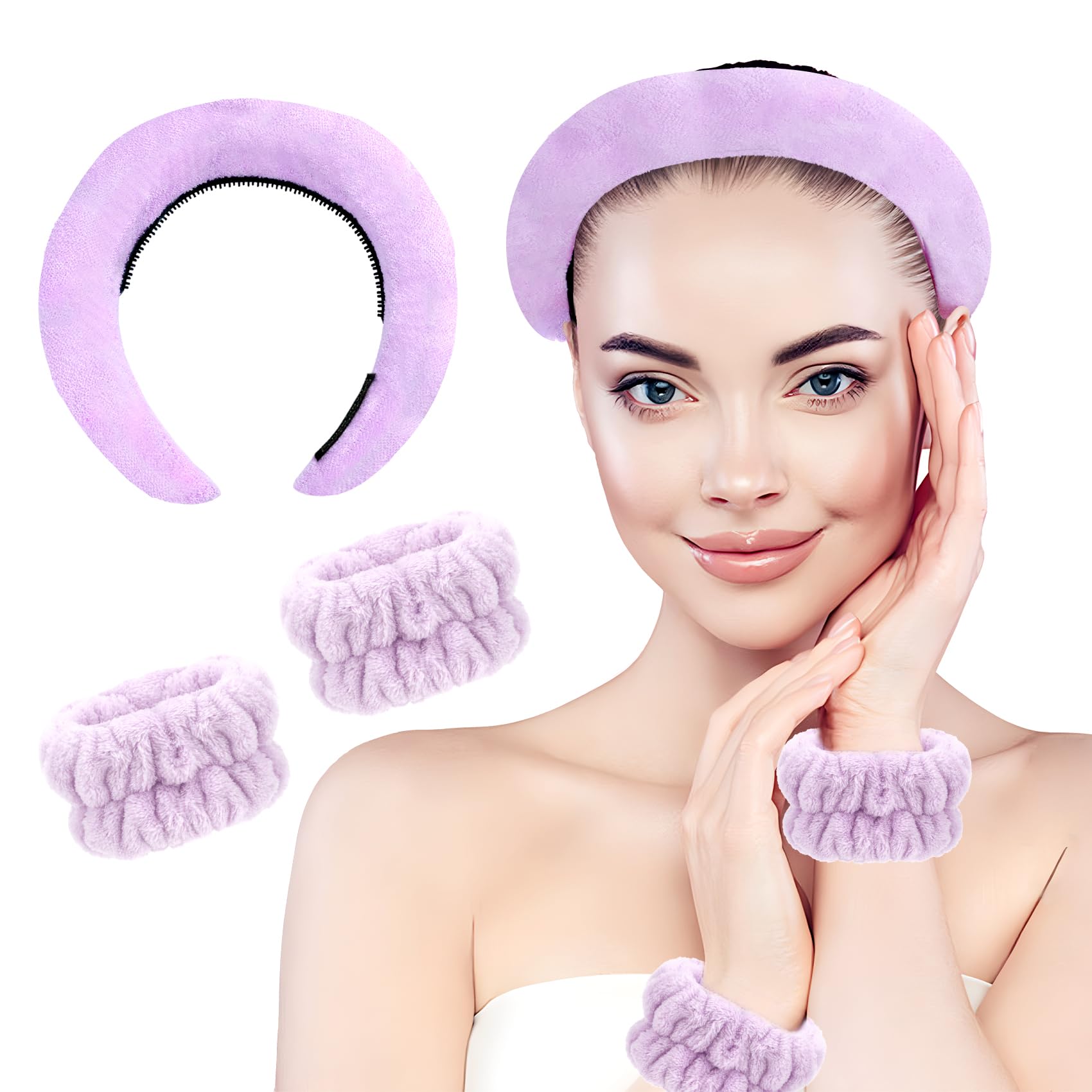 3Pcs Women's Versatile Headbands and Wristbands Set - Fabric Headbands for Hair, Face Washing, Makeup Removal, and Skincare by Versed Skincare (Purple)