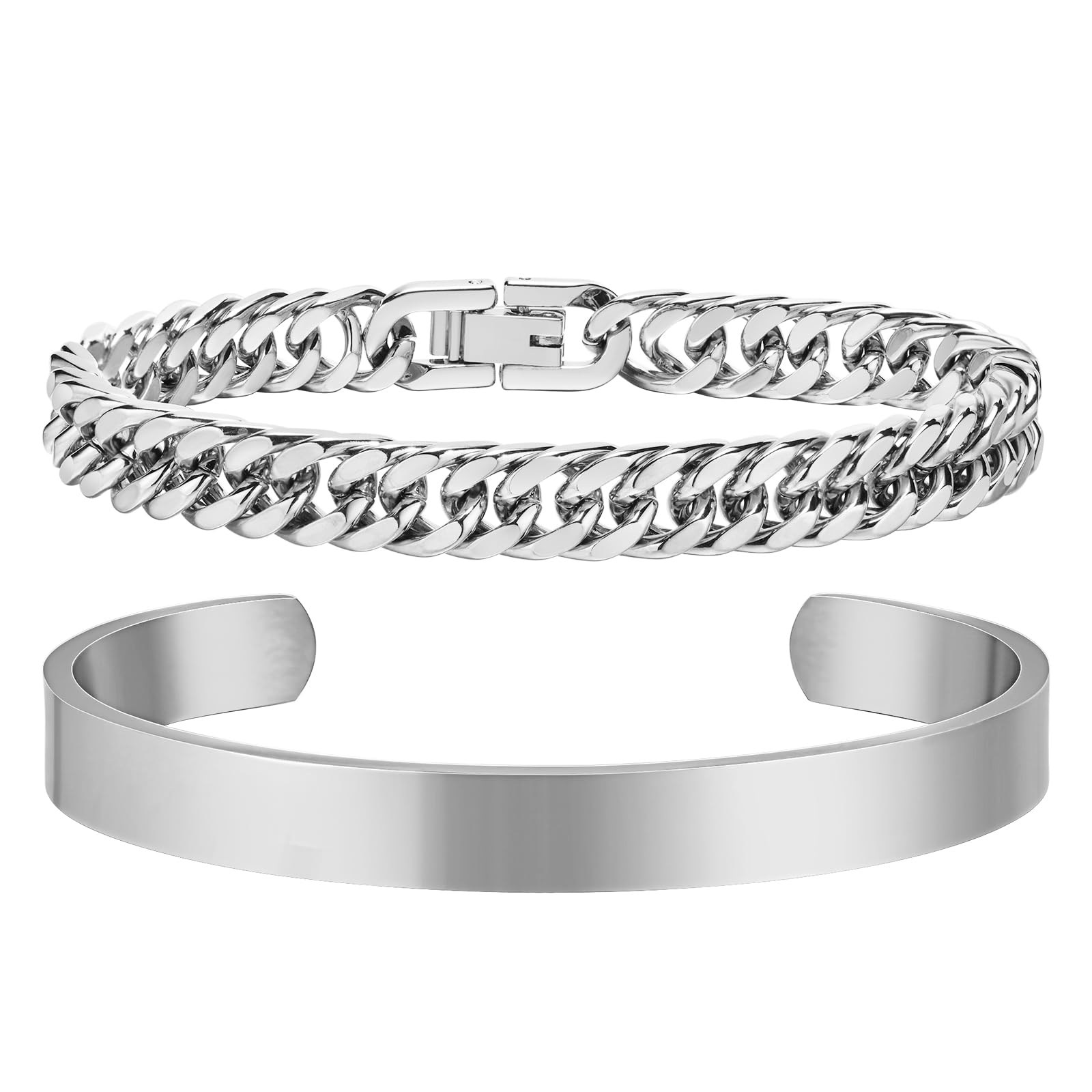 XUANPAIMens Bracelets 2 Pcs Chain Bracelet for Men - Sturdy Stainless Steel Cuban Link Chain Cuff Bangle Mens Jewellery Set Gifts for Dad Boyfriend Bro Husband Birthday Anniversary 7.5/8.3 Inches