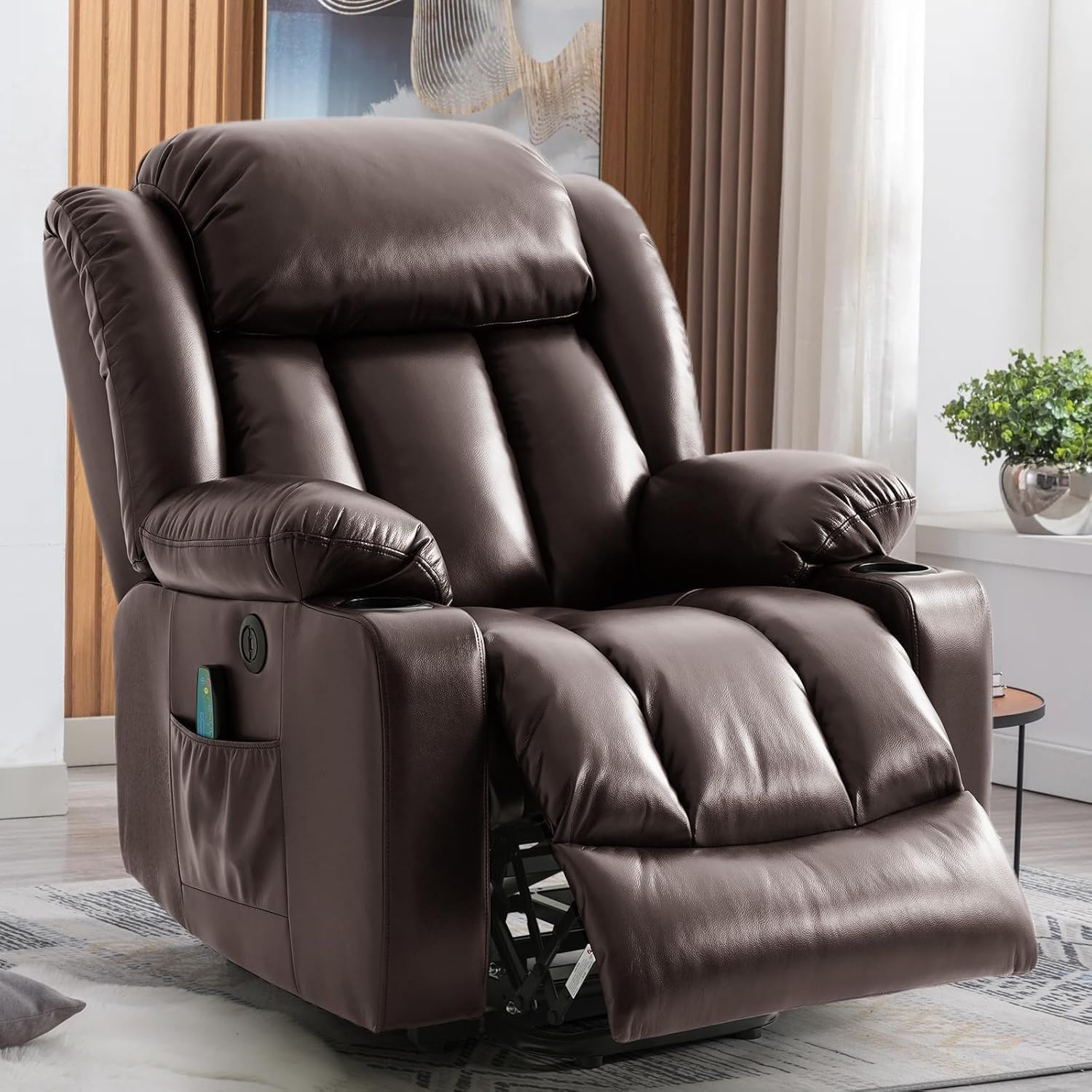 Genuine Leather Recliner Sofa with Oversized Power Lift, Heat and Massage, Remote Control, Cup Holders, USB Charging Ports, and Dual Motor Infinite Position for Adults
