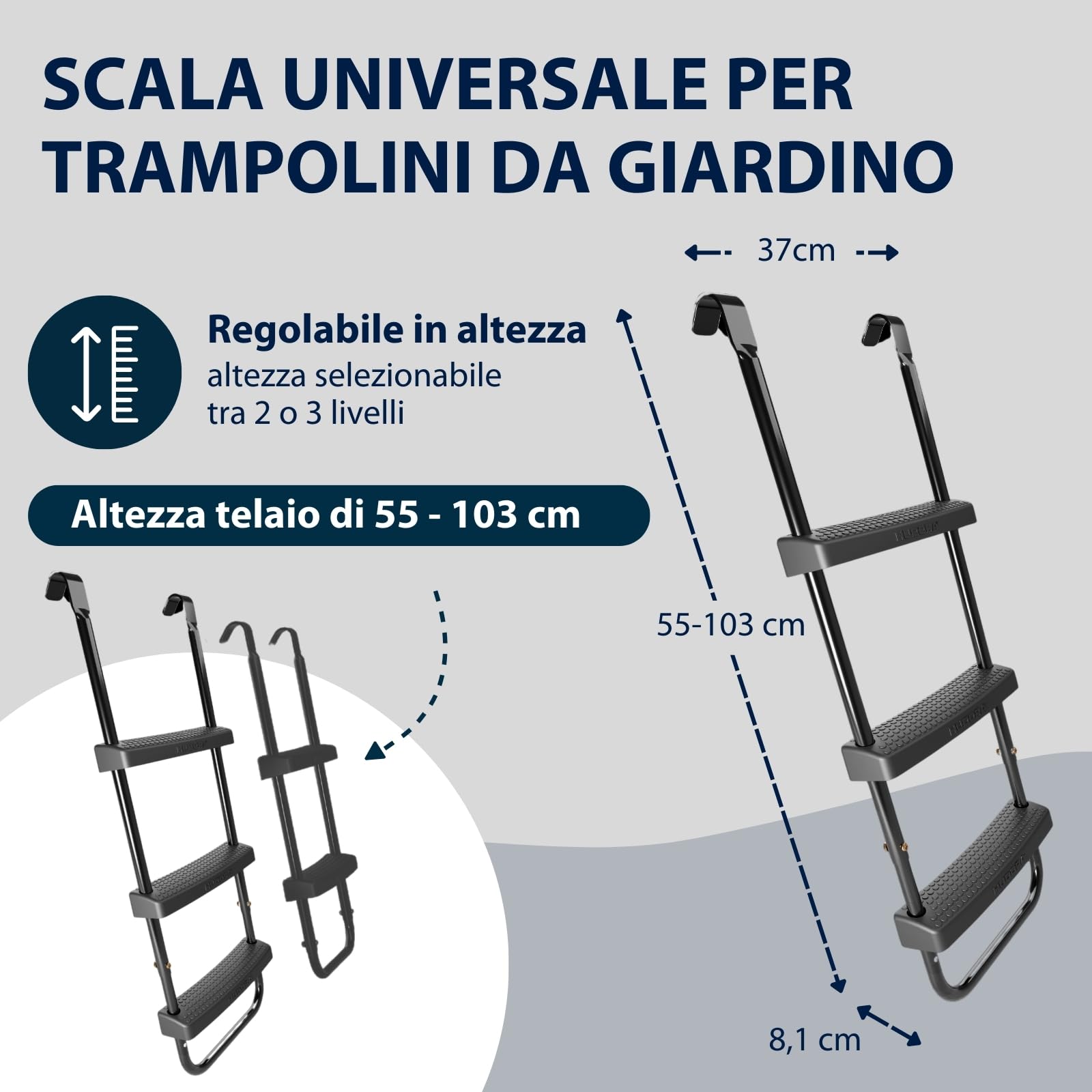HUDORA Scaletta Universale - scaletta per Trampolino Antiscivolo con scalini Larghi - scaletta di Sicurezza Regolabile per Il Trampolino - Scala di Alta qualità e Resistente ai Raggi UV