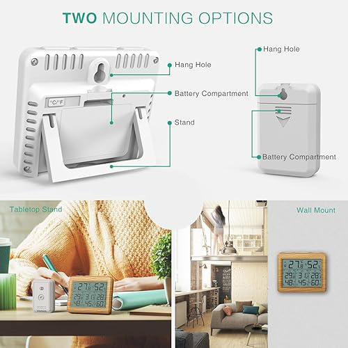 Miniatura 5 de ORIA Termómetro para interiores y exteriores con 3 sensores inalámbricos, termómetro higrómetro digital, medidor de monitor de humedad de