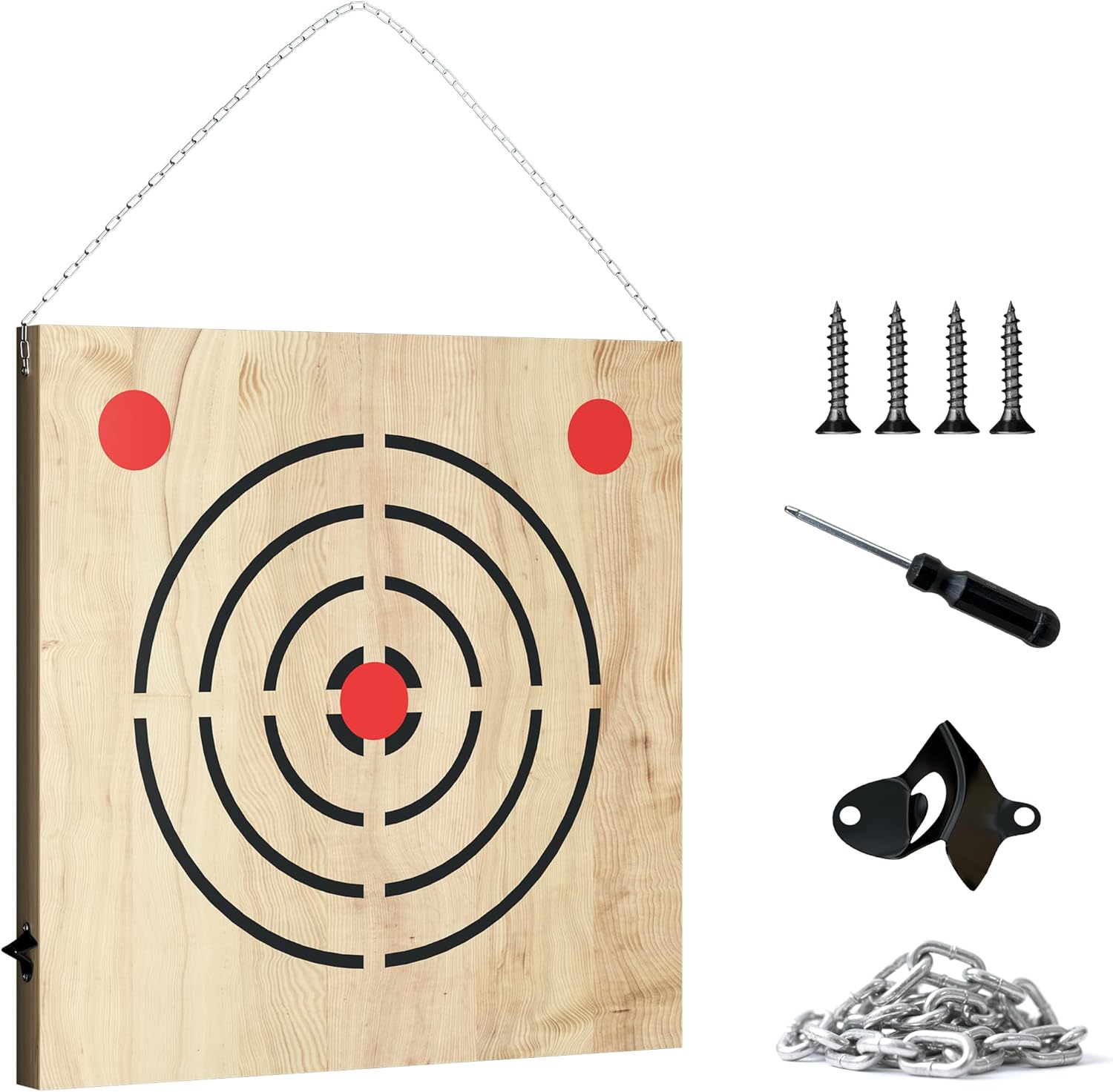 MR Axe Throwing Target, Wooden Knife Throwing Target with Steel Chain and Bottle Opener, Hanging Shooting Targets for Axes & Hatchets, Pine Wood 4 Point Hanging Target with Kill Shots