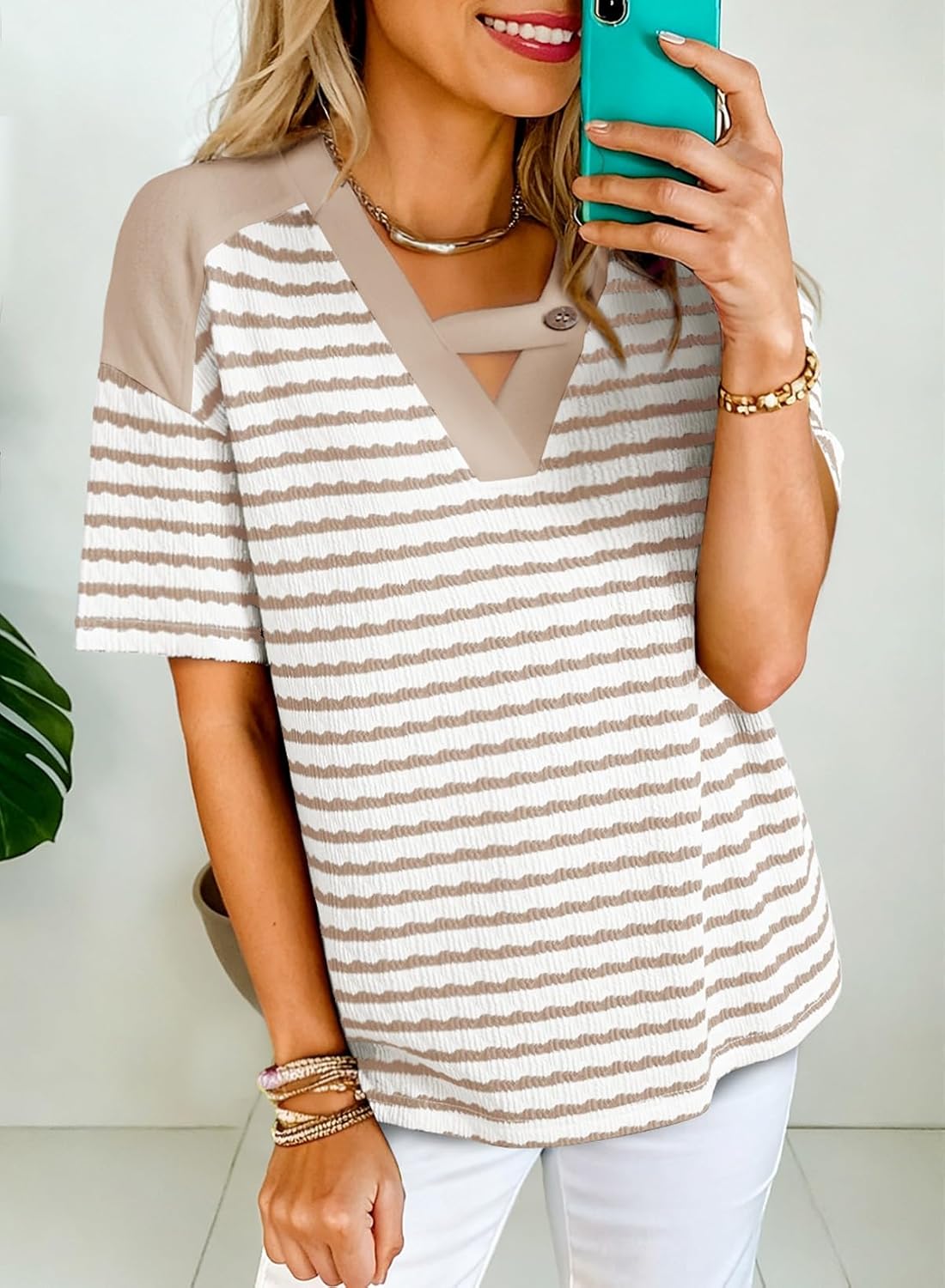 Dokotoo Women's Tops Summer Casual Short Sleeve Shirts V Neck Striped Color Block T-Shirts Blouses - Image 2