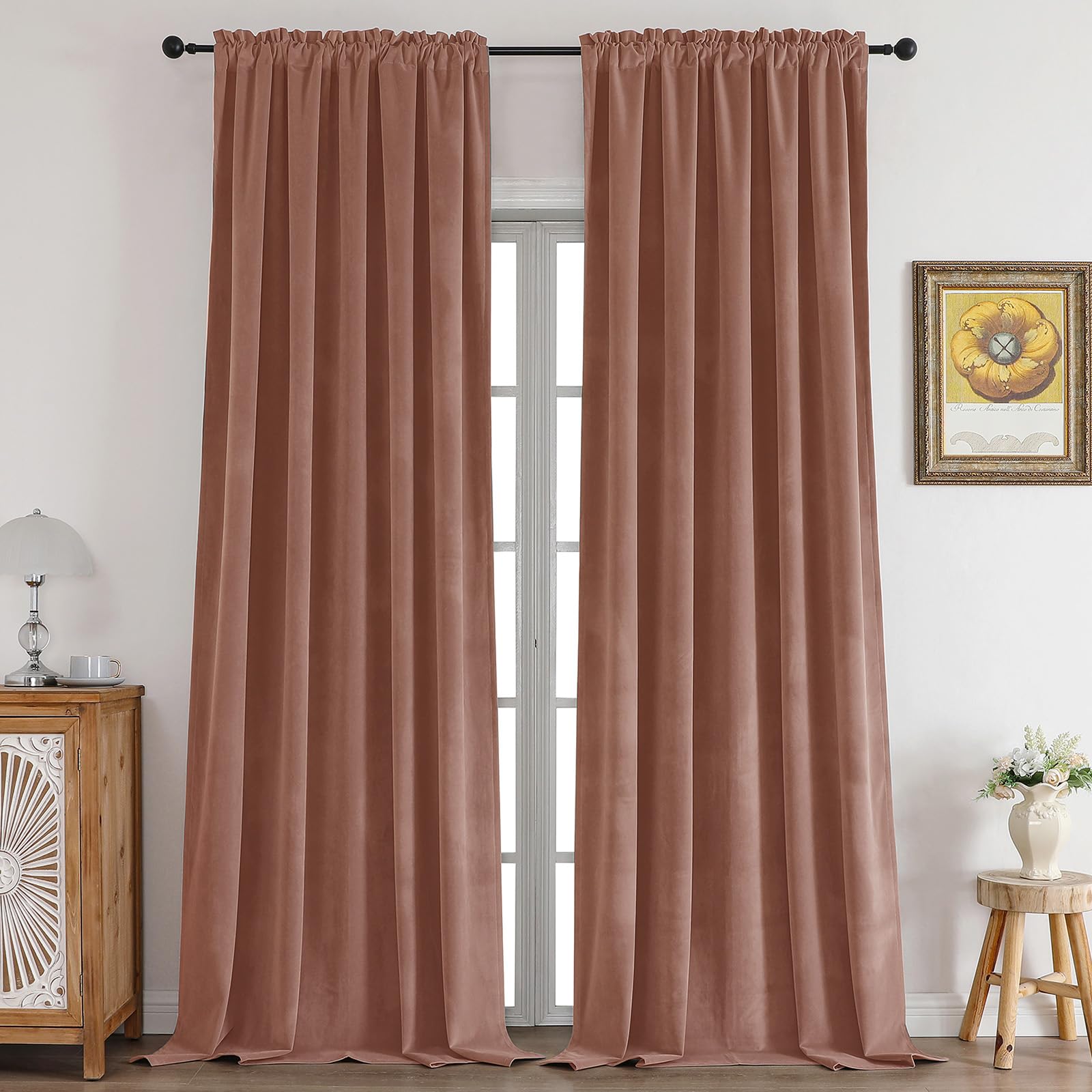 CUCRAF Pink Beige Velvet Curtains 96 inches Long, Soft Room Darkening Rod Pocket Privacy Curtain, Thermal Insulated Noise Reduction Window Drapes for
