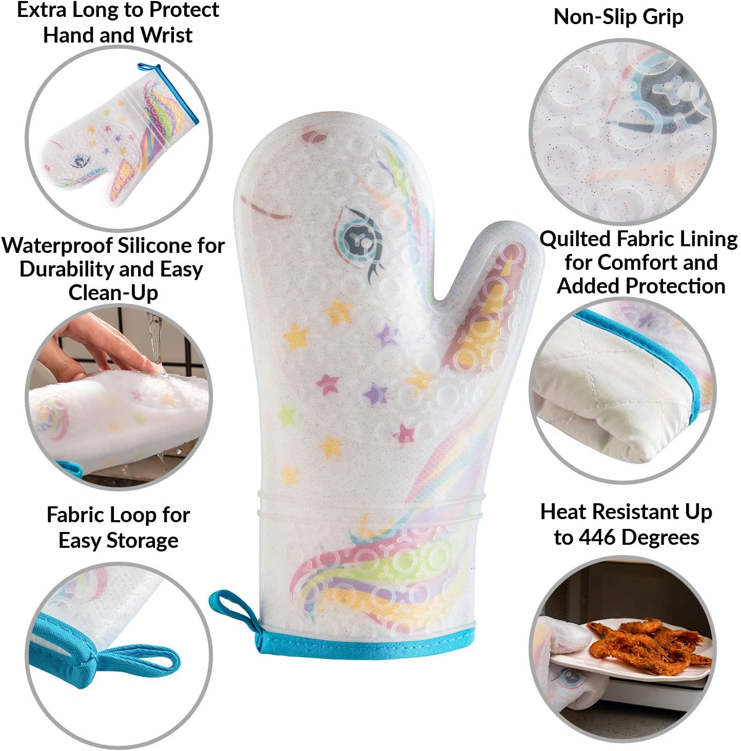 Glitter Magic Unicorn Silicone Oven Mitt - Funny Oven Mitts - Heat Resistant Kitchen Glove, Soft Silicone, Quilted Fabric Lining image 3