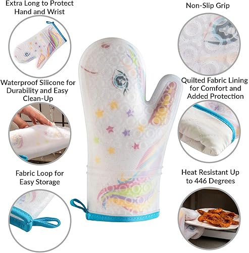 Miniatura 3 de Gears Out Guante de horno de silicona con diseño de unicornio mágico con purpurina, guantes de cocina resistentes al calor, silicona suave, forro de