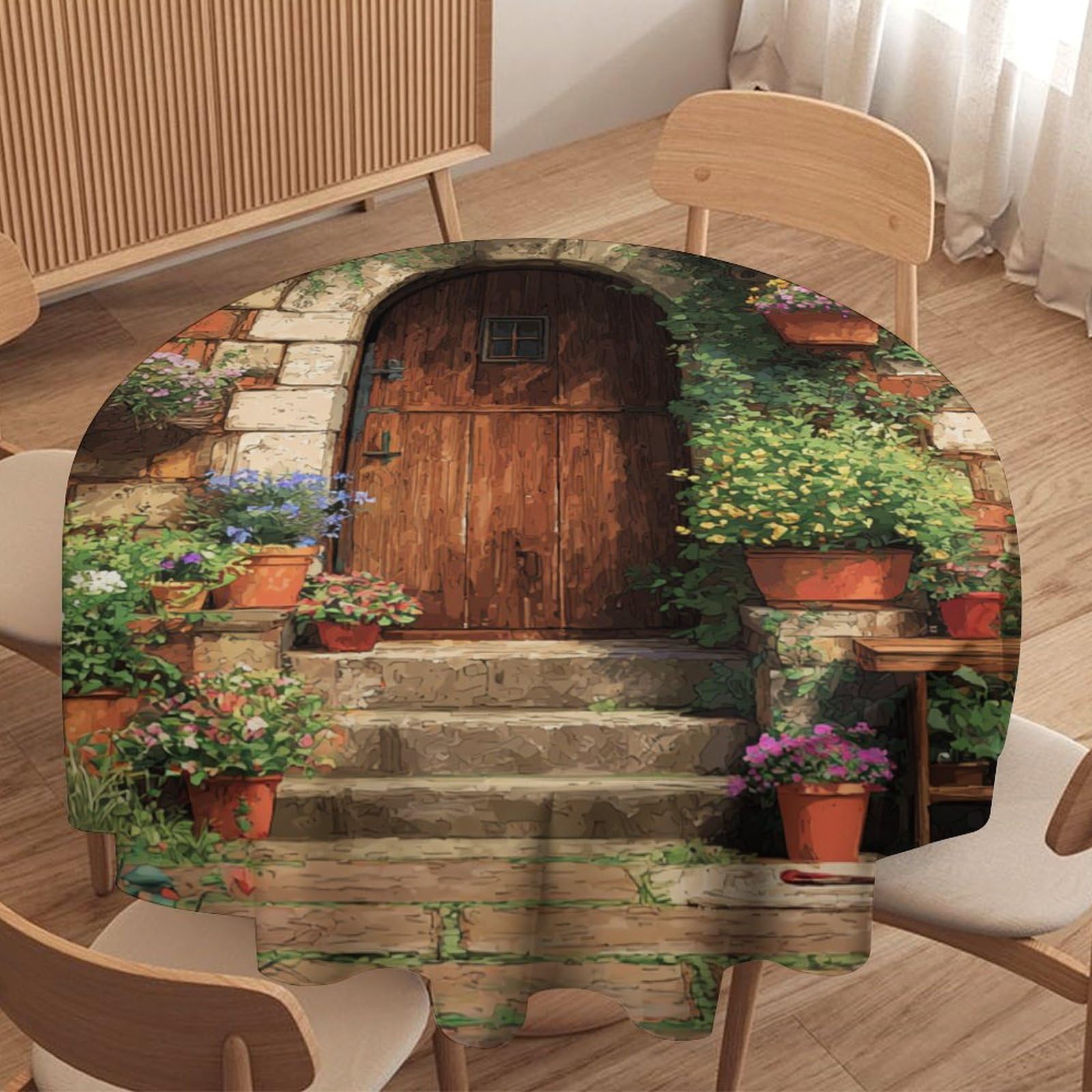 LUYYSKY Fantasy Rustic Stone House Waterproof Round Tablecloth Modern Aesthetic Italian Spring Garden Plant Flowers Print Washable Table Cover for Kitchen-127 Wx127 L cm
