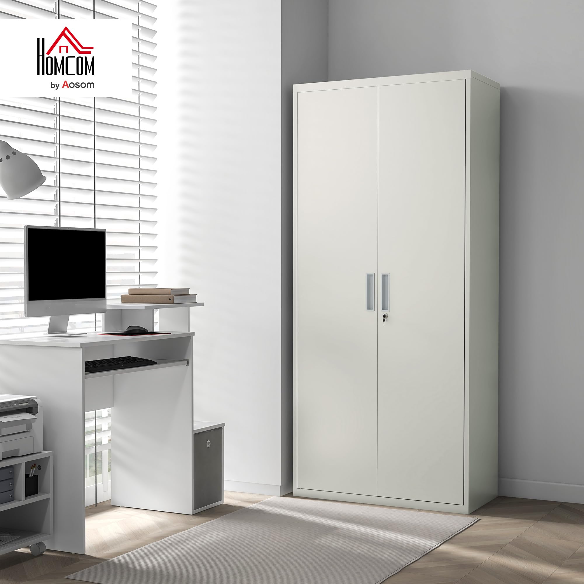 HOMCOM Armadio Ufficio a 5 Livelli 2 Ante Serratura 80x40x180 cm Bianco | 4 Ripiani Regolabili, Armadio in Metallo Portadocumenti, 2 Chiavi