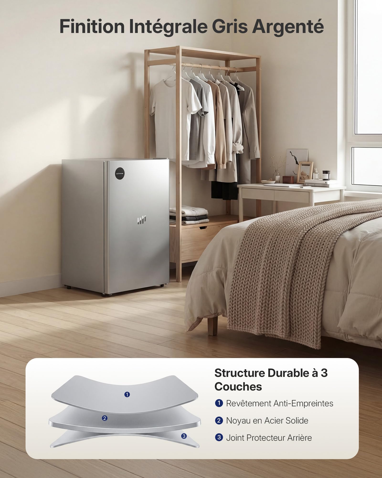 Upstreman CR91 Réfrigérateur 91 Litres sans Congélateur, Silencieux 40 dB, Thermostat Réglable 1-10℃, Gris Argenté