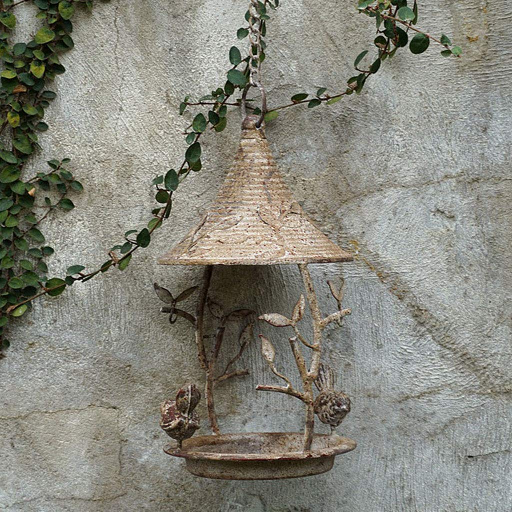 Baño de metal para pájaros con cadena colgante y dos pájaros decorativos para pájaros silvestres al aire libre, comedero para patios, comederos