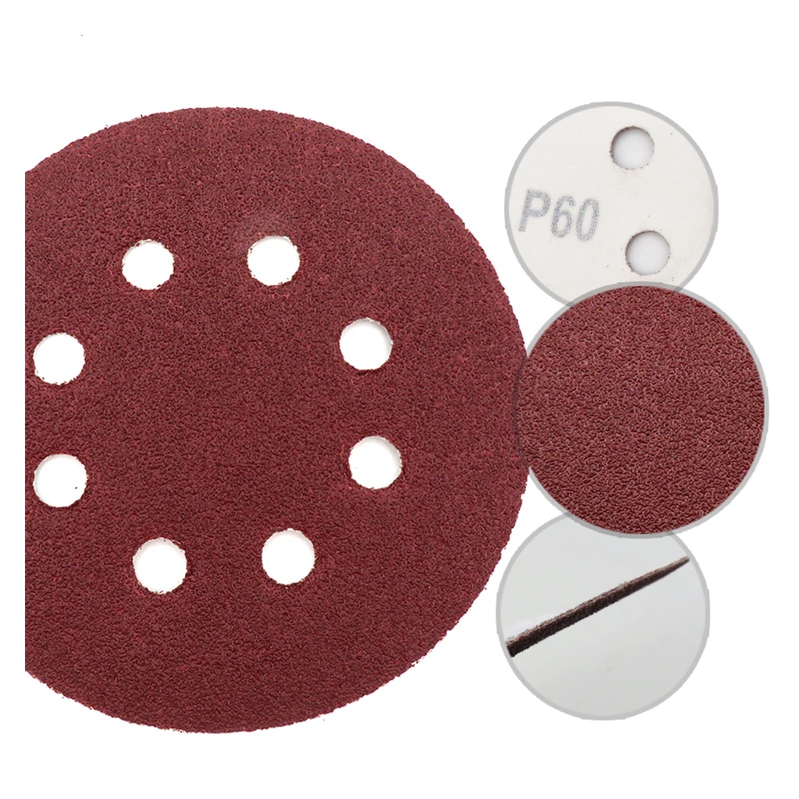 WILLWA 50 Dischi abrasivi in ​​Carta vetrata Rossa da 5 Pollici, 125 mm, 8 Fori, da 60 a 2000 grane (Size : Assortment)