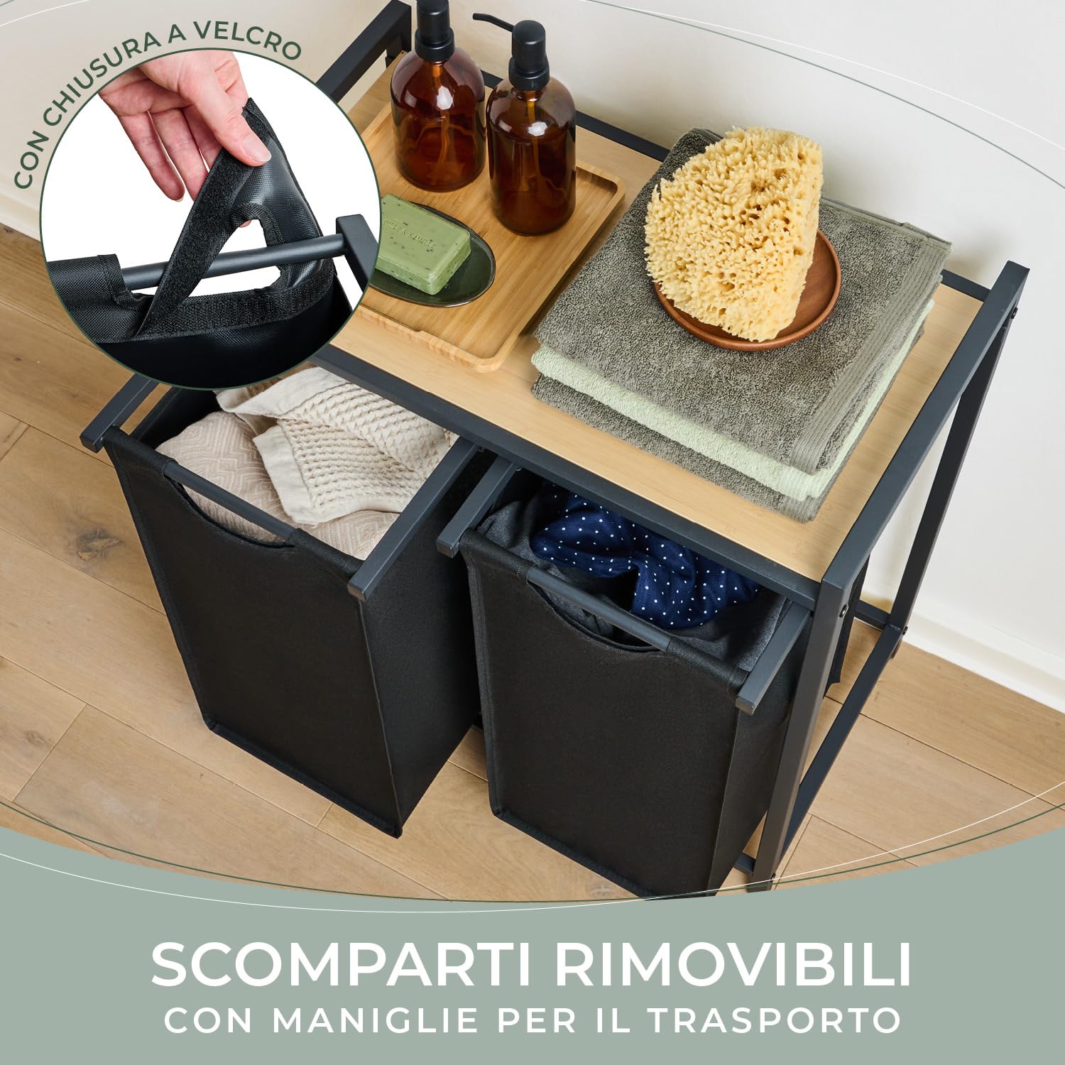 Blumtal cesto biancheria sporca 2 scomparti in grigio per organizzare - cesta portabiancheria design scomparti estraibili con ripiano superiore in materiale effetto cemento - struttura in metallo nero