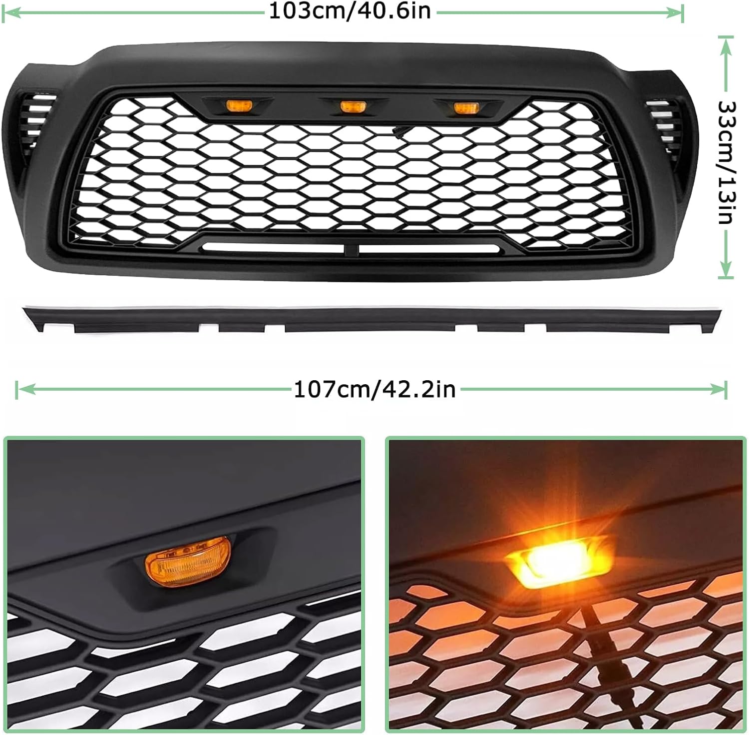 Mesh Grille Compatible For Toyota Tacoma front grill with 3 LED Lights 2005 2006 2007 2008 2009 2010 2011