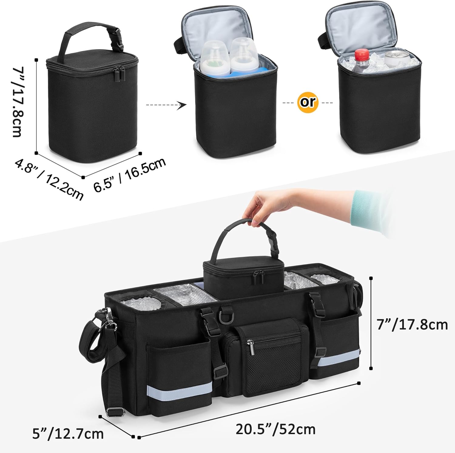 Parent Console Stroller Organizer Compatible with WONDERFOLD W4, with Four Insulated Cup Holders, a Removable Cooler Bag, Special Board Design Make It Not Easy Collapse and Tilting, Black