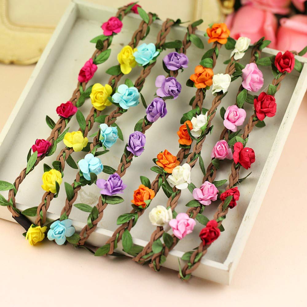 Onwon 8 Pieces Multicolor Rose Flower Headband Bohemian Flower Crown Garland Headbands with Elastic Ribbon, Floral Crown Garland Hair Band for Women Girls Hair Accessories