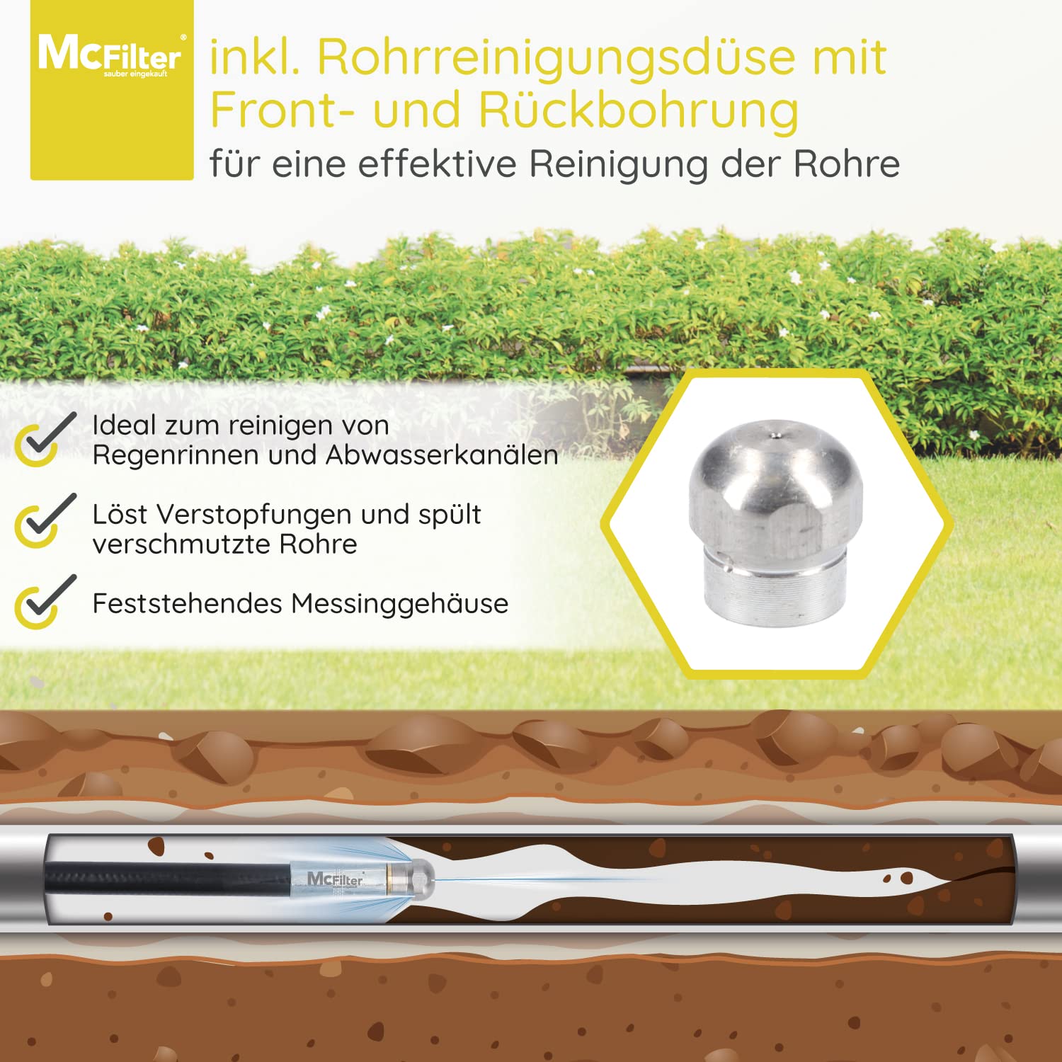 Tubo flessibile per la pulizia dei tubi, 20m, 160-200 bar, adattatore incluso, ugelli rigidi + rotanti, compatibile con le idropulitrici Karcher K2, K3, K4, K5, K6, K7
