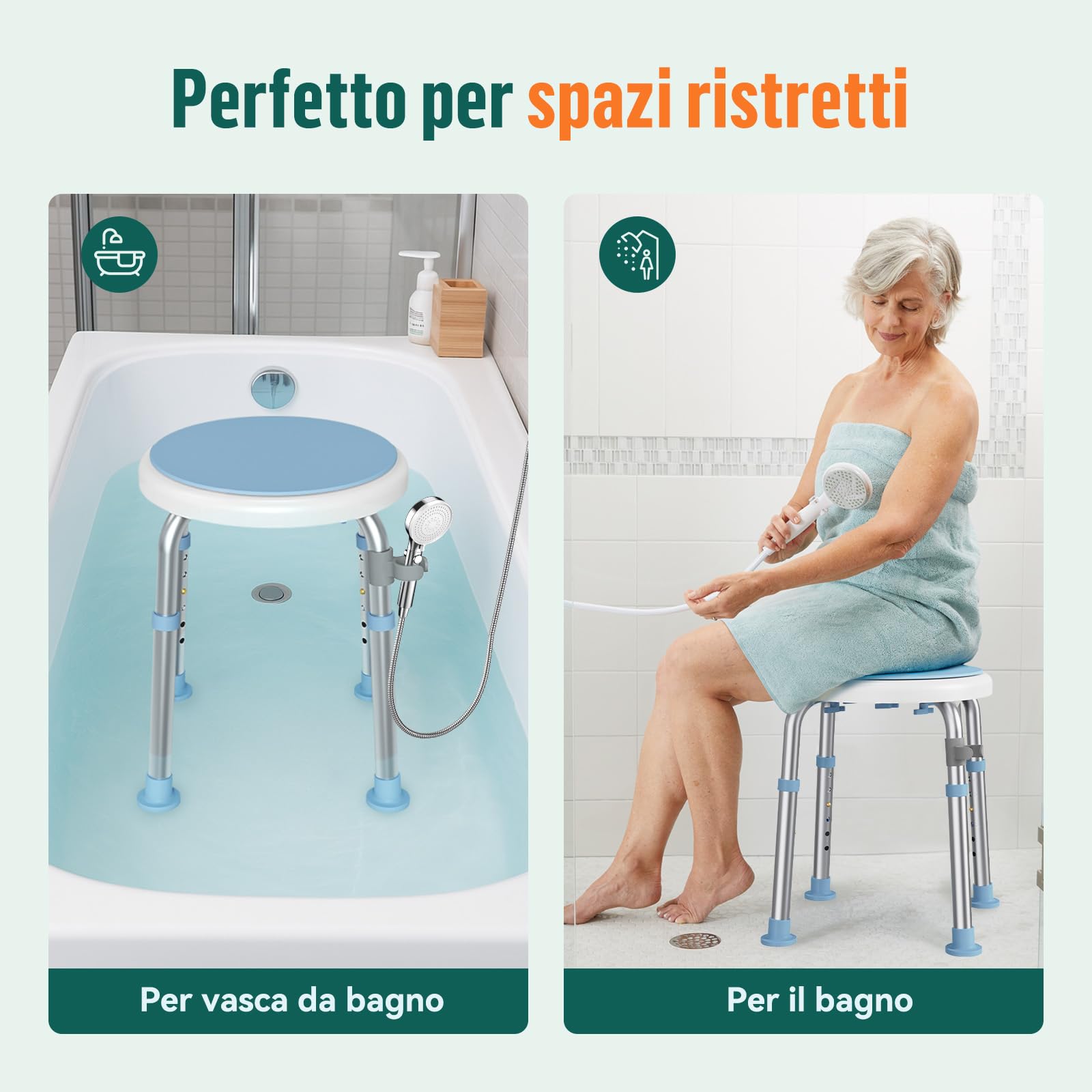 LC01 Sedia da Doccia Girevole 360° Regolabile in Altezza – Sgabello Doccia Antiscivolo in Alluminio con Sedile Rotante, Leggero per Anziani e Persone con Mobilità Ridotta