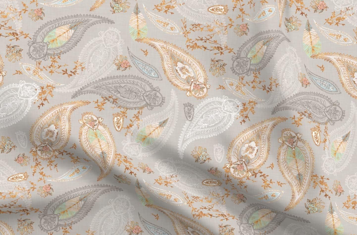 Spoonflower Fabric - Boho Paisley Gold Roses Peony Bohemian Antique Chevron Floral Damask Printed on Organic Cotton Sateen Fabric by The Yard - Sewing Quilting Apparel Home Decor