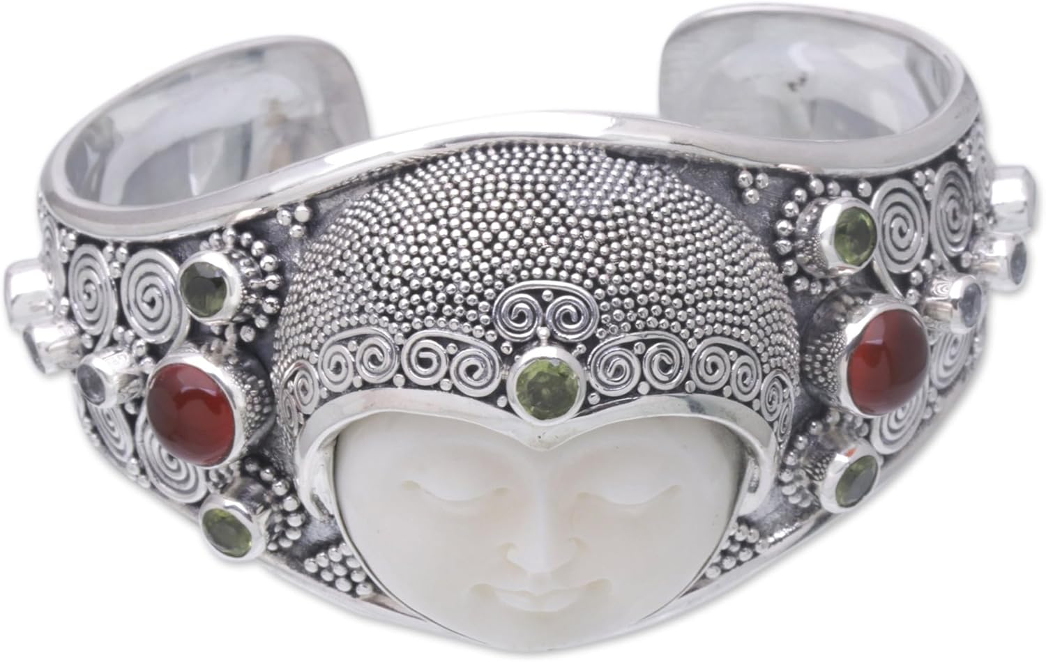 NOVICA Artisan Handmade Peridot Carnelian Cuff Bracelet Carved Bone Silver Gemstone Sterling Blue Topaz Multigem Green Multicolor Red Indonesia Sun Moon Birthstone [6 in L (end to End) x 1.5 in W] '