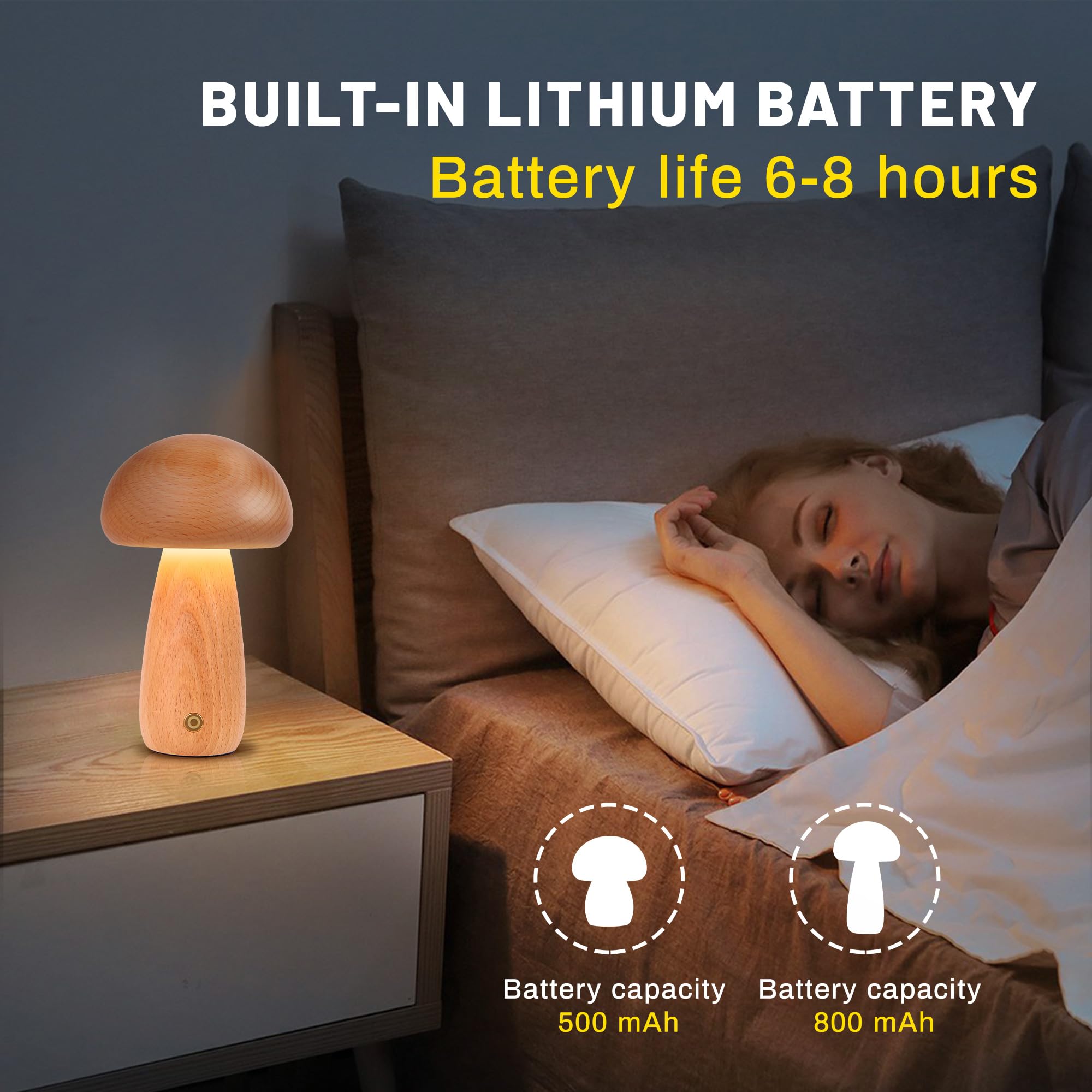 JIYUERLTD Wooden Mushroom Night Light, USB Rechargeable LED Desk Lamp, Dimmable Cute & Cozy Nursery Lamp, Beechwood Table Light (Large) - Image 3