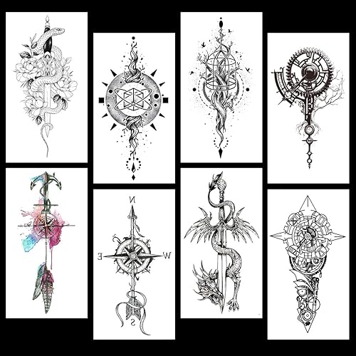 Miniatura 2 de 8 hojas de flecha negra brújula plumas dragón ancla espada serpiente árbol flor tatuajes temporales para brazo