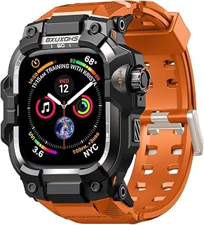BXUXOHS Rugged Case and Band for Apple Watch 45mm Men, Compatible with Apple Watch Series 9/8/7, Military Grade Shockproof Bumper Cover, Tactical Band Case for iWatch 9/8/7 Man, Orange