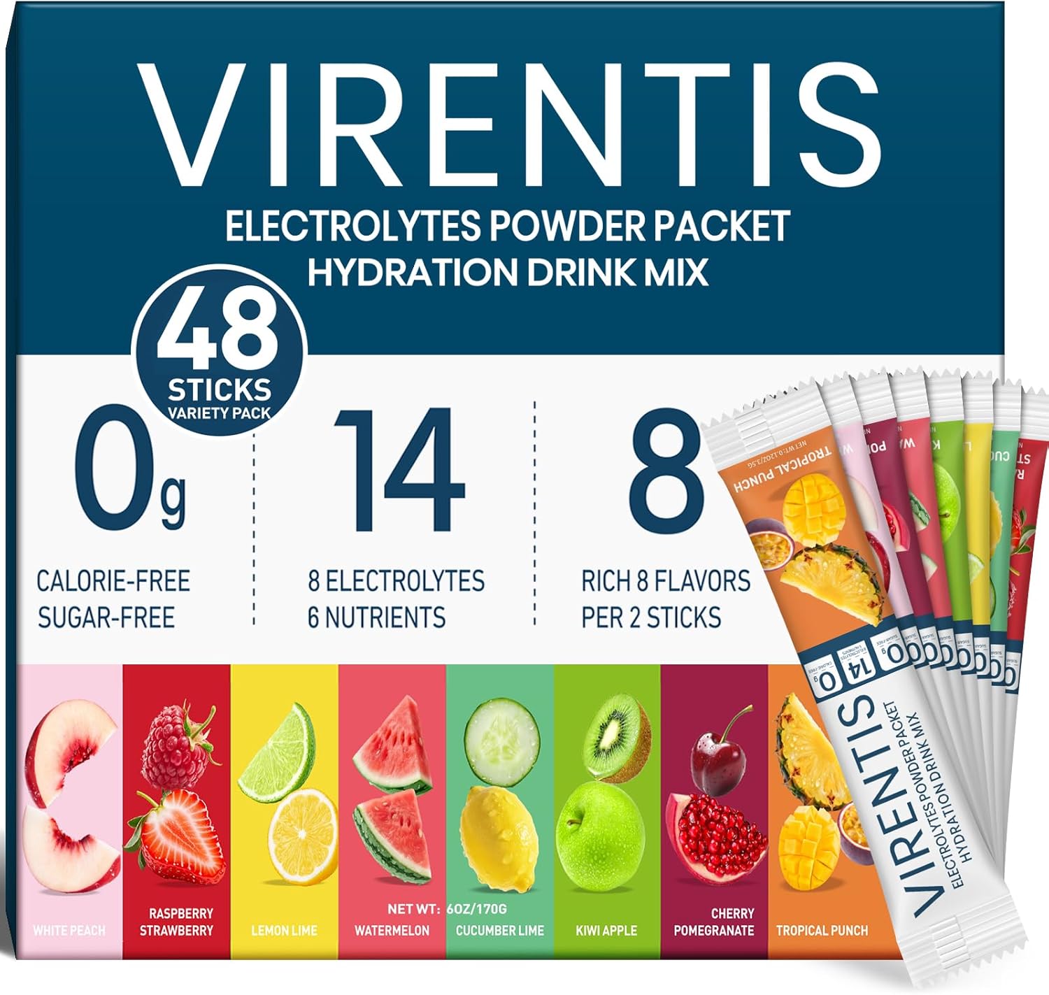48 Sticks Electrolytes Powder Packets Sugar Free Hydration Packets, 8 Flavors Liquid Daily IV Electrolyte Drink Mix for Rehydration with 8 Electrolytes & 6 Vitamins, 0 Calorie, Low Sodium
