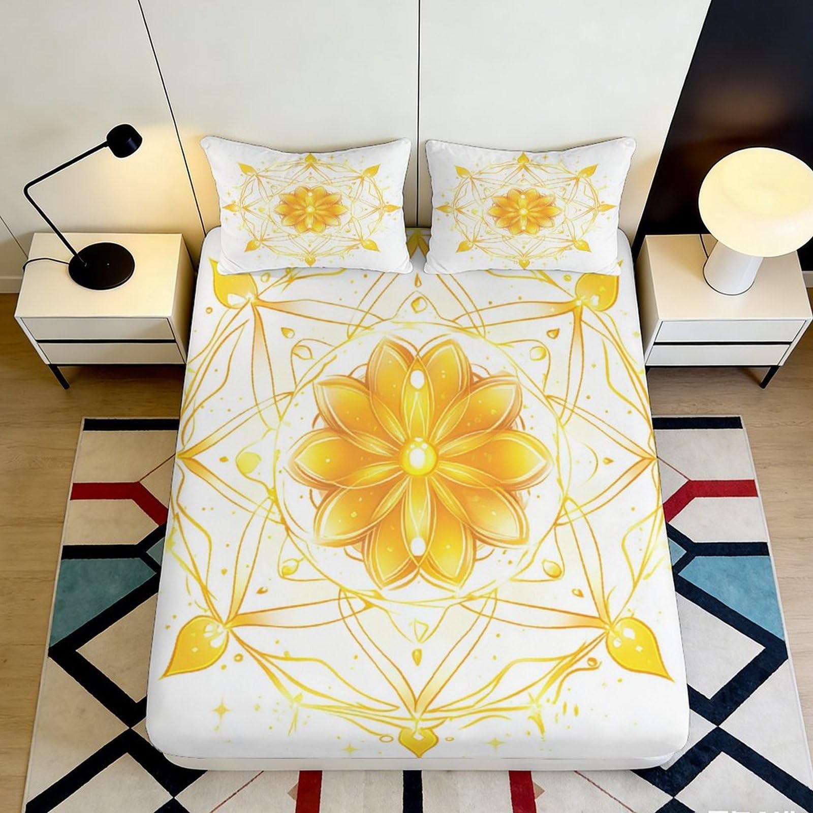 3D Printed Golden Flower Fitted Sheet Microfiber Soft Breathable Mandala Mattress Cover for Bedroom Dorm Decor 120x200x25cm