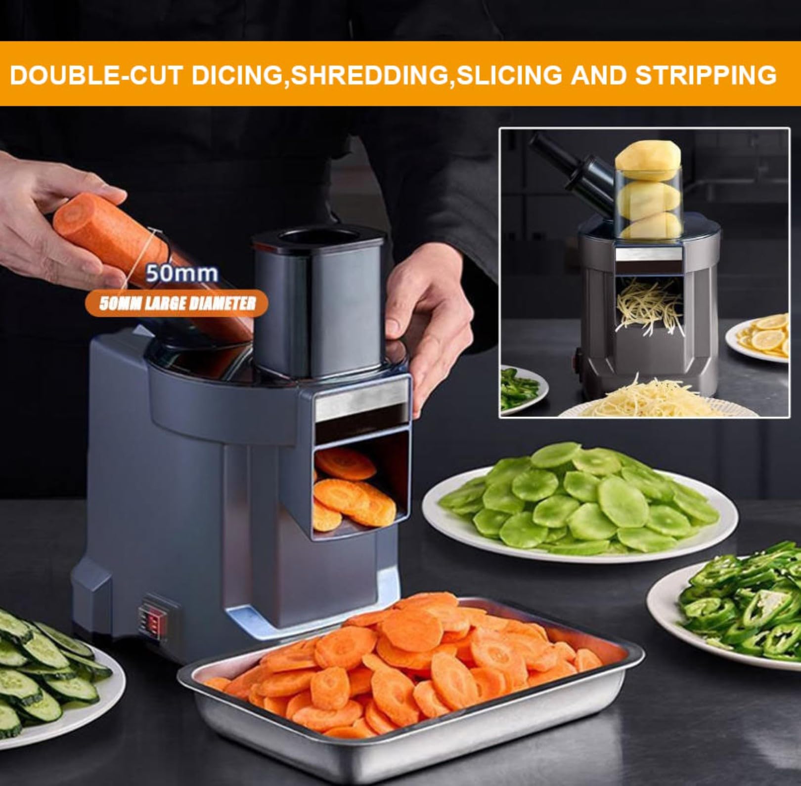 Tritatutto elettrico 4 in 1 con lame in acciaio inox per sminuzzare, triturare, affettare e patatine fritte, doppia porta di scarico, grande capacità per uso domestico e commerciale