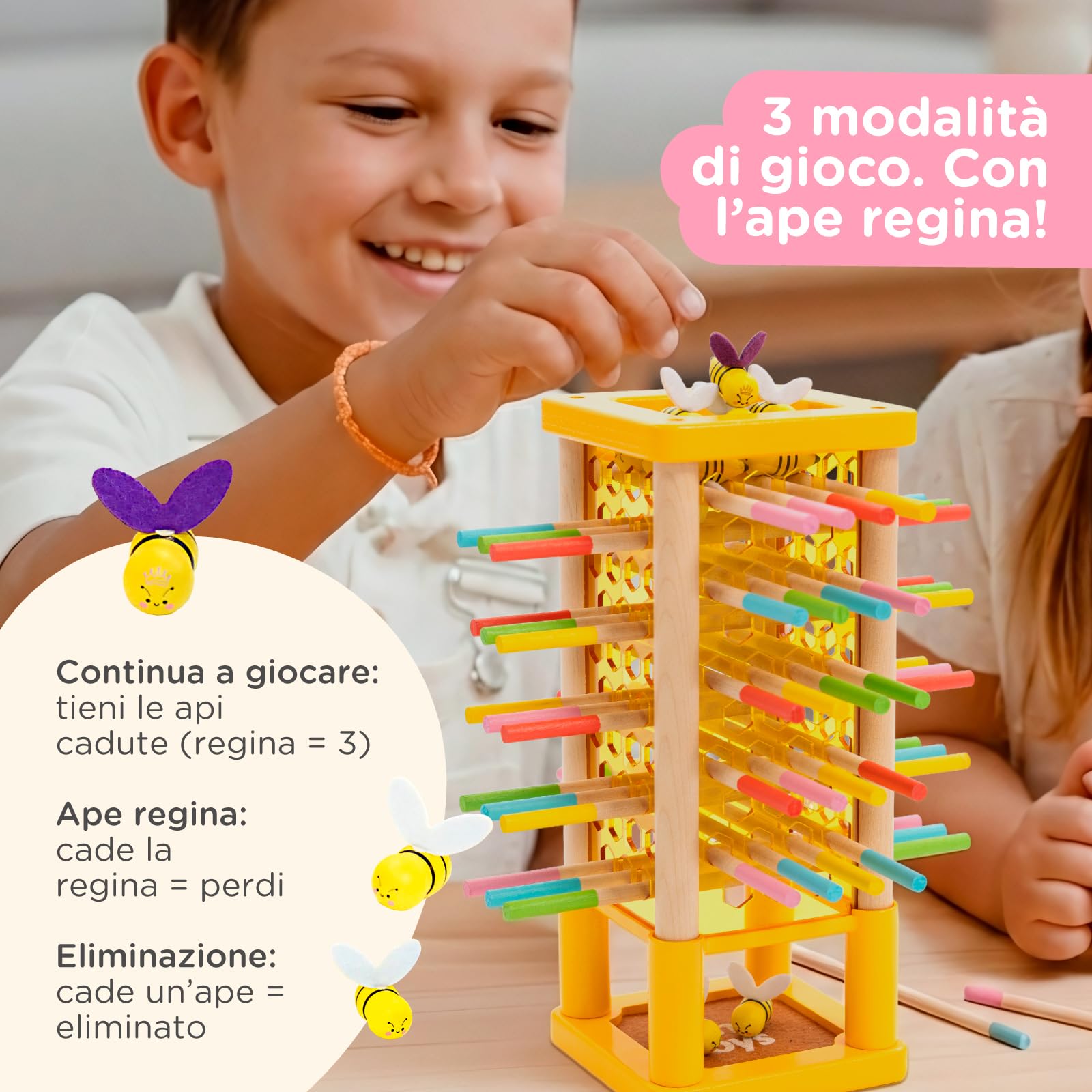 Nene Toys BEEFALL Gioco da Tavolo e di Società Bambini 3 Anni – Torre di Equilibrio in Legno FSC con Api, Bastoncini, Dado e Carte Azione – 4 in 1 (3 modalità + Rainbow Sticks) Montessori