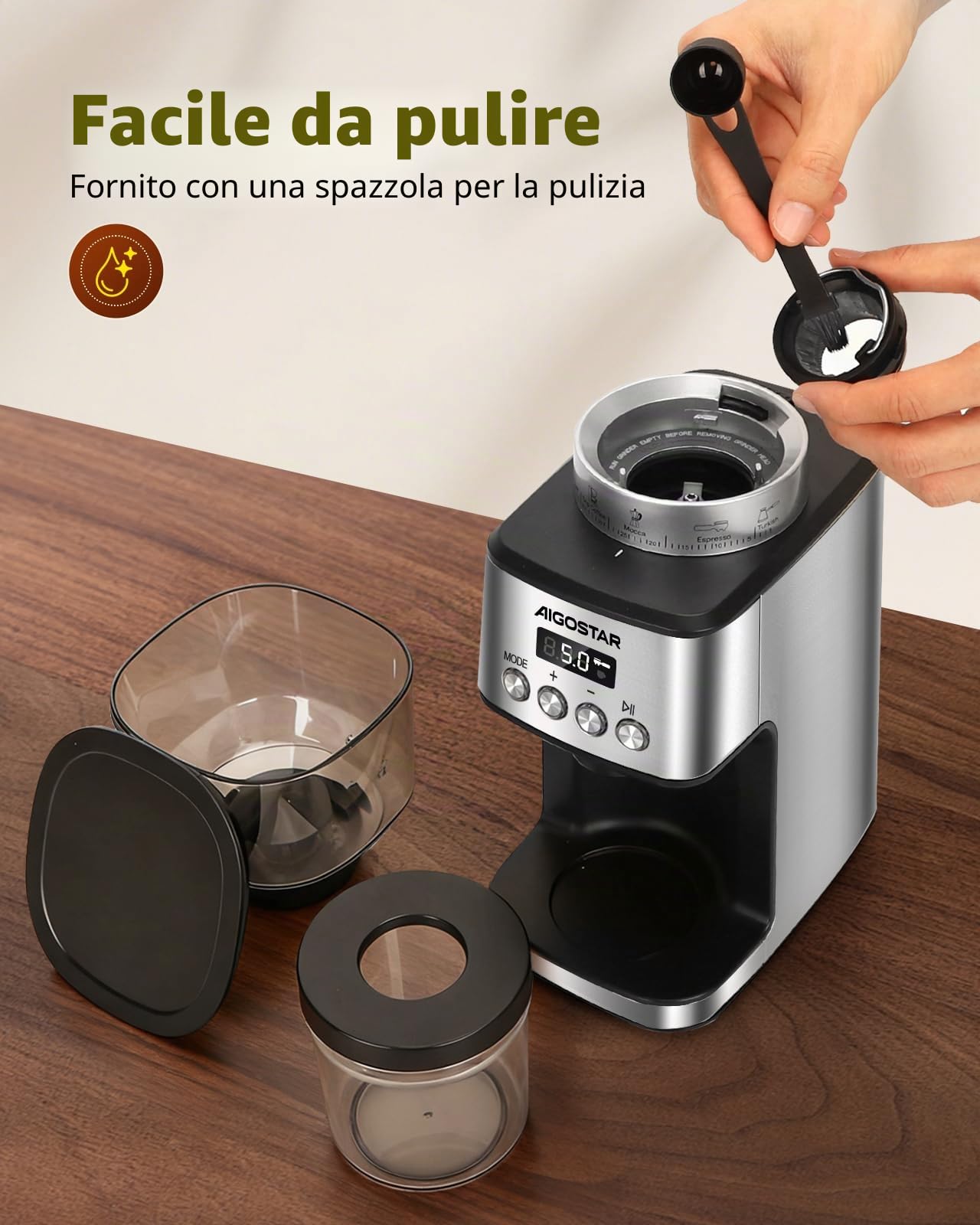 Aigostar Macina Caffe' Elettrico a Cono, 52 Impostazioni di Macinatura, Macinacaffè Elettrico per Caffè Espresso, Macina Caffè Professionale con Display Digitale Preciso, Acciaio Inossidabile, Argento