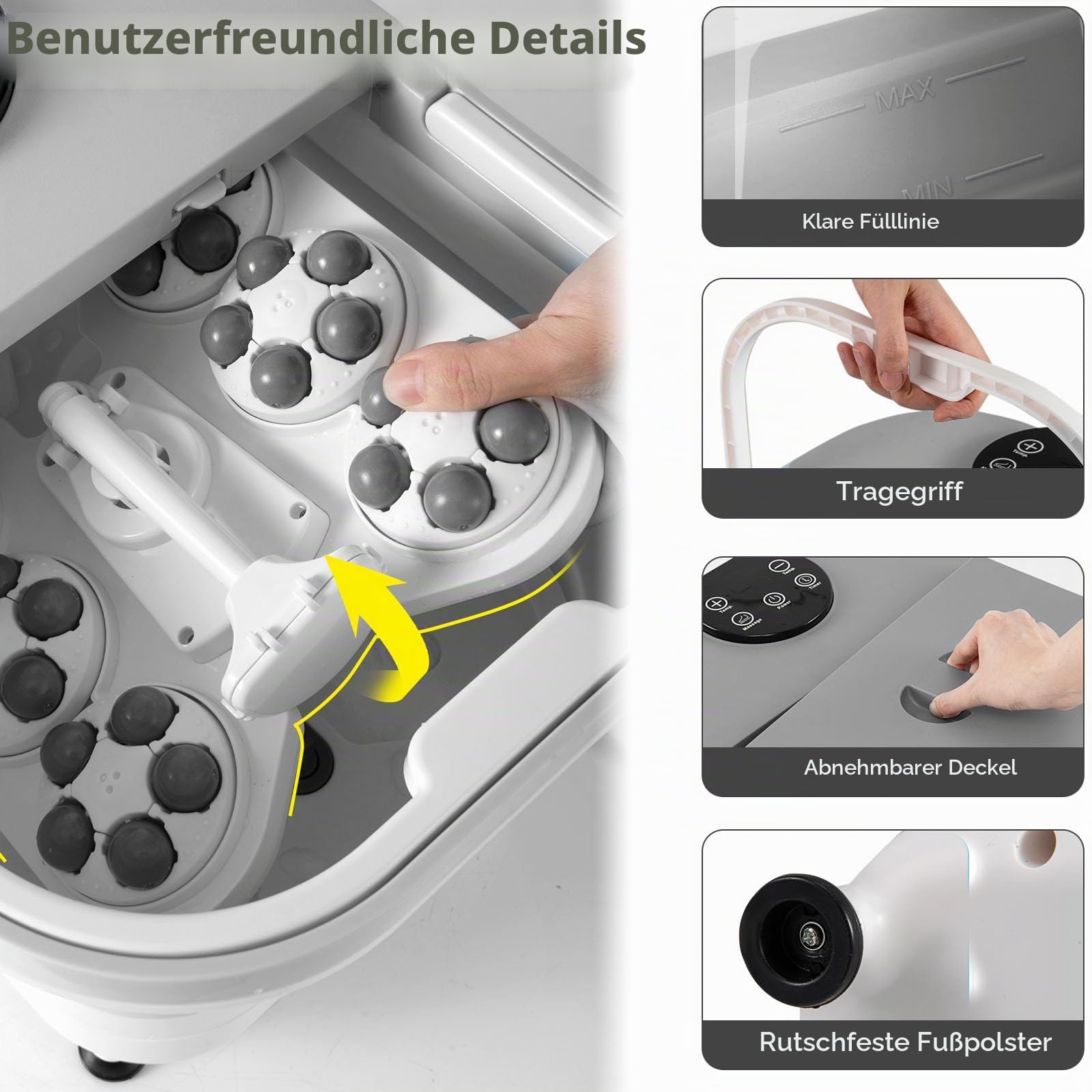 HOMASIS Fußbad faltbar, elektrisches Fußmassagegerät mit Temperaturregelung 35-48 °C, Fußbadewanne mit Timer 0-60 min, Fußsprudelbad mit abnehmbaren 30 Massage-Bälle & Brause, Grau