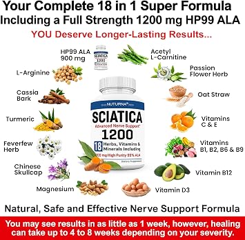 Sciatica Nerve Relief Supplement 1200 mg HP-99 Alpha Lipoic Acid - Maximum Strength ALA Sciatic Nerve Support for Lower Back Hip Buttock Legs & Feet - Ultra Potent 18-in-1 Natural Vitamins - 180 Caps