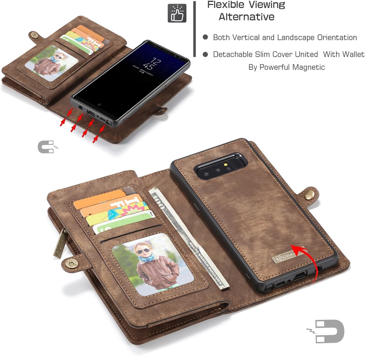 Galaxy Note 8 Case,AKHVRS Handmade Premium PU Leather Wallet Case,Zipper Wallet Case [Magnetic Closure]Detachable Magnetic Case & Card Slots for Samsung Galaxy Note 8 - Brown
