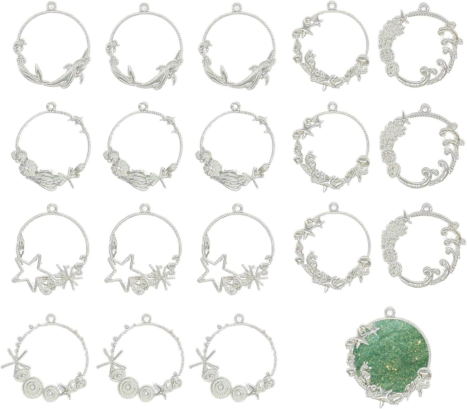 18pcs Bezels for Resin Jewelry Making Open Ice Bezel Frames with Flat Bails Ocean and Sea Charms Pendants Hollow Resin Open Cabochons for Earrings DIY Crafts Summer Decorations Silver