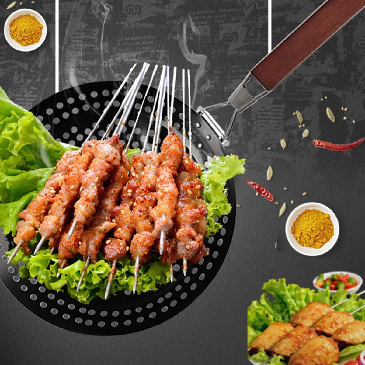 Ciieeo Multi-Functional Non-Stick BBQ Grill Pan Wooden Handle Portable Round Baking Tray for Outdoor Cooking