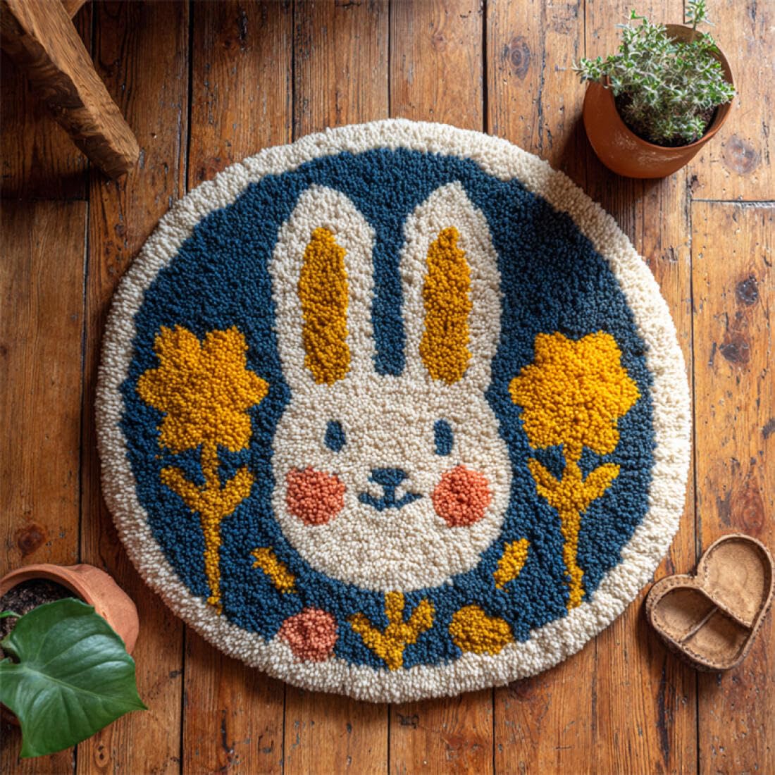 Rqwybcaxn H Diy Latc Hook Rug Making Kits For Adults Animal Crochet Ooks Set Cartoon Rabbit 50X50cm Round Tapestry Wit Crochet Ook Living Room Craft Gift