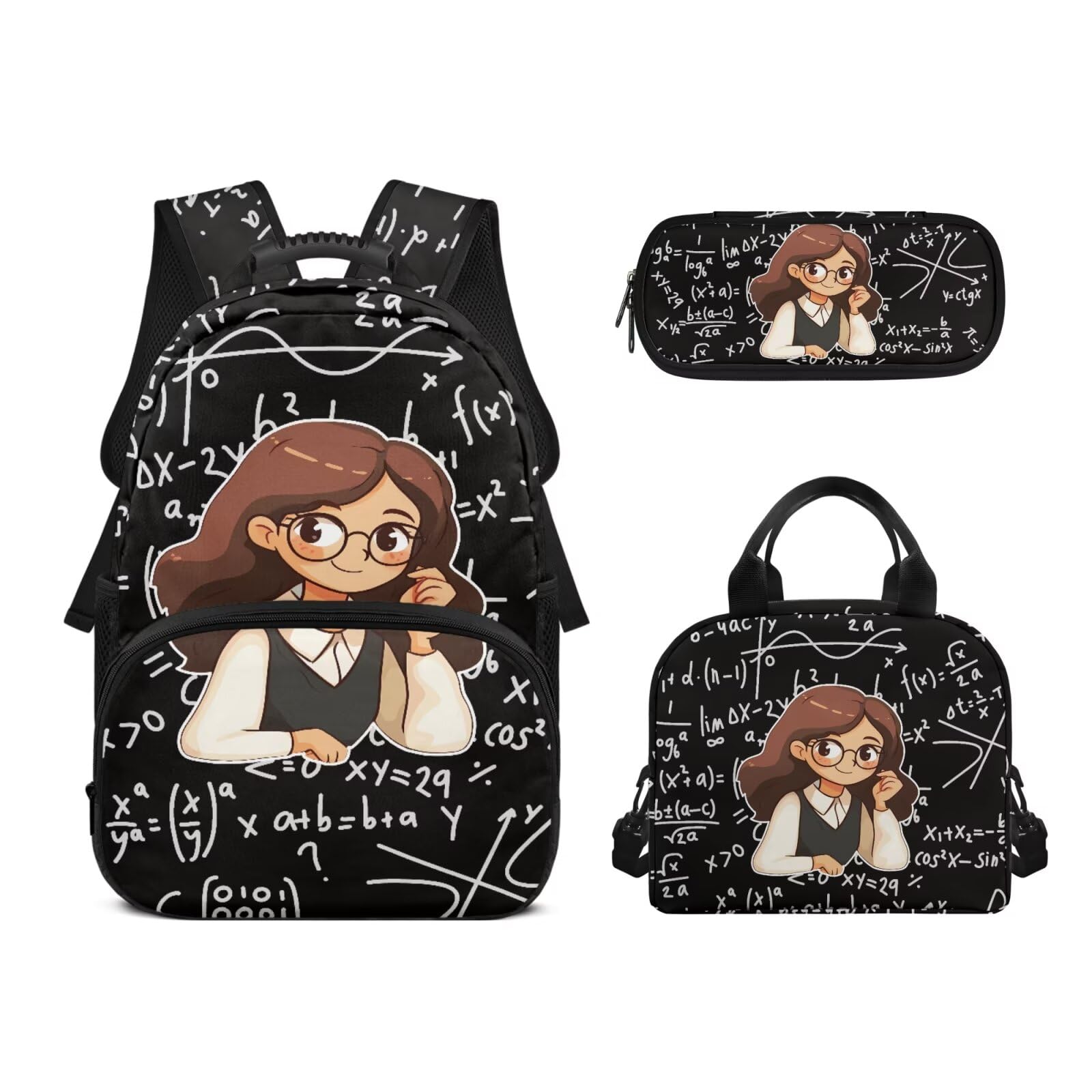 Biyejit Juego de mochilas escolares 3 en 1 para niñas, con bolsa de almuerzo, estuche para lápices, mochila escolar informal para niños, mochila escolar de 17 pulgadas, regalo, Profesor de matemáticas