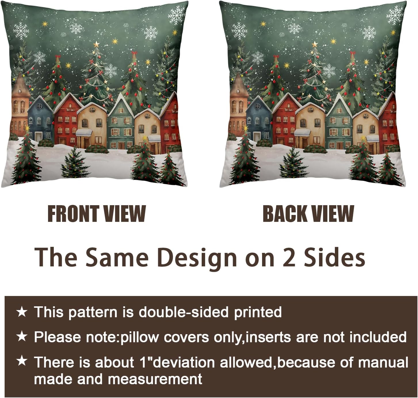 Christmas Decorative Pillow Cover 22x22 Set of 2 Winter Xmas Tree Wonderland Forest Village Town House Snowflake Pillow Case Holiday Farmhouse Vintage Rustic Pillowcase for Sofa Couch Porch