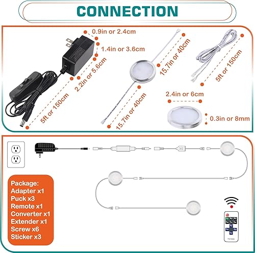 Miniatura 2 de Luces para debajo de la encimera, iluminación LED de disco para gabinete Curio, 110 V enchufado en pared, control remoto inalámbrico RF regulable,
