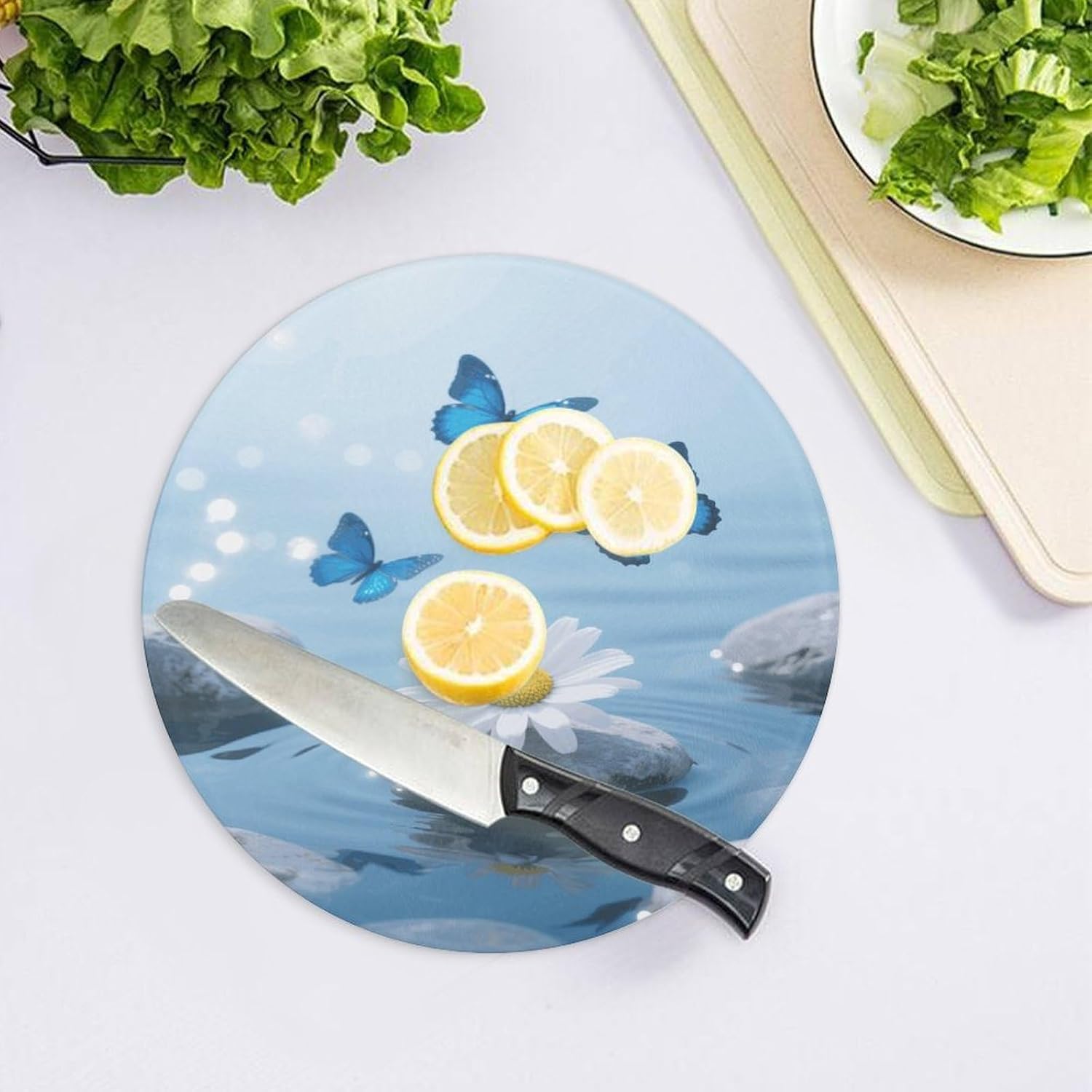Flower And Butterfly Zen Stone Tempered Glass Cutting Board Sturdy Chopping Block Personalized Large Butcher Block Lightweight Round Chopping Mat for Kitchen Non Slip